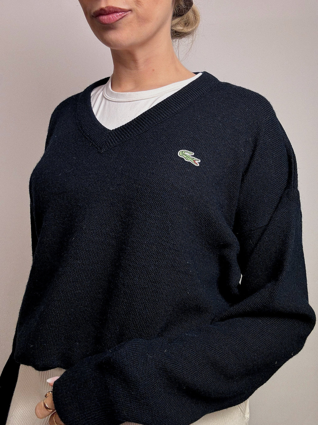 LACOSTE S vintage navy blue V-neck wool sweater