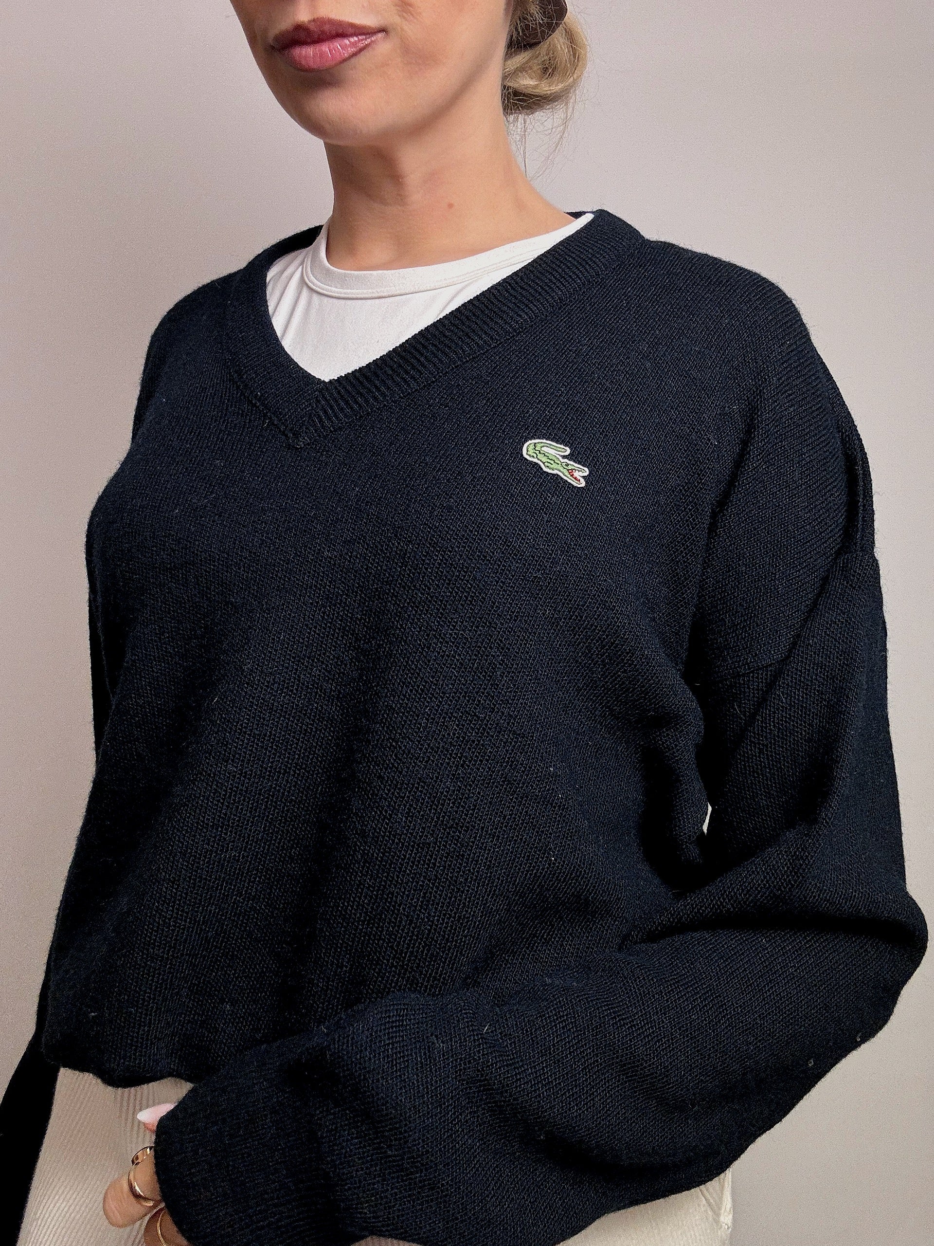 LACOSTE S vintage navy blue V-neck wool sweater