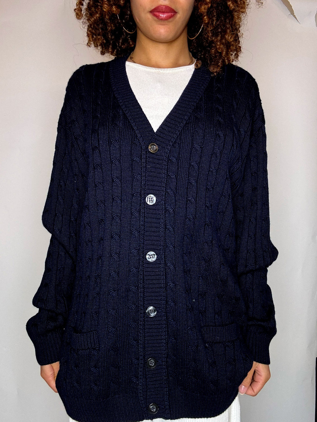 Vintage navy braided knit cardigan XL