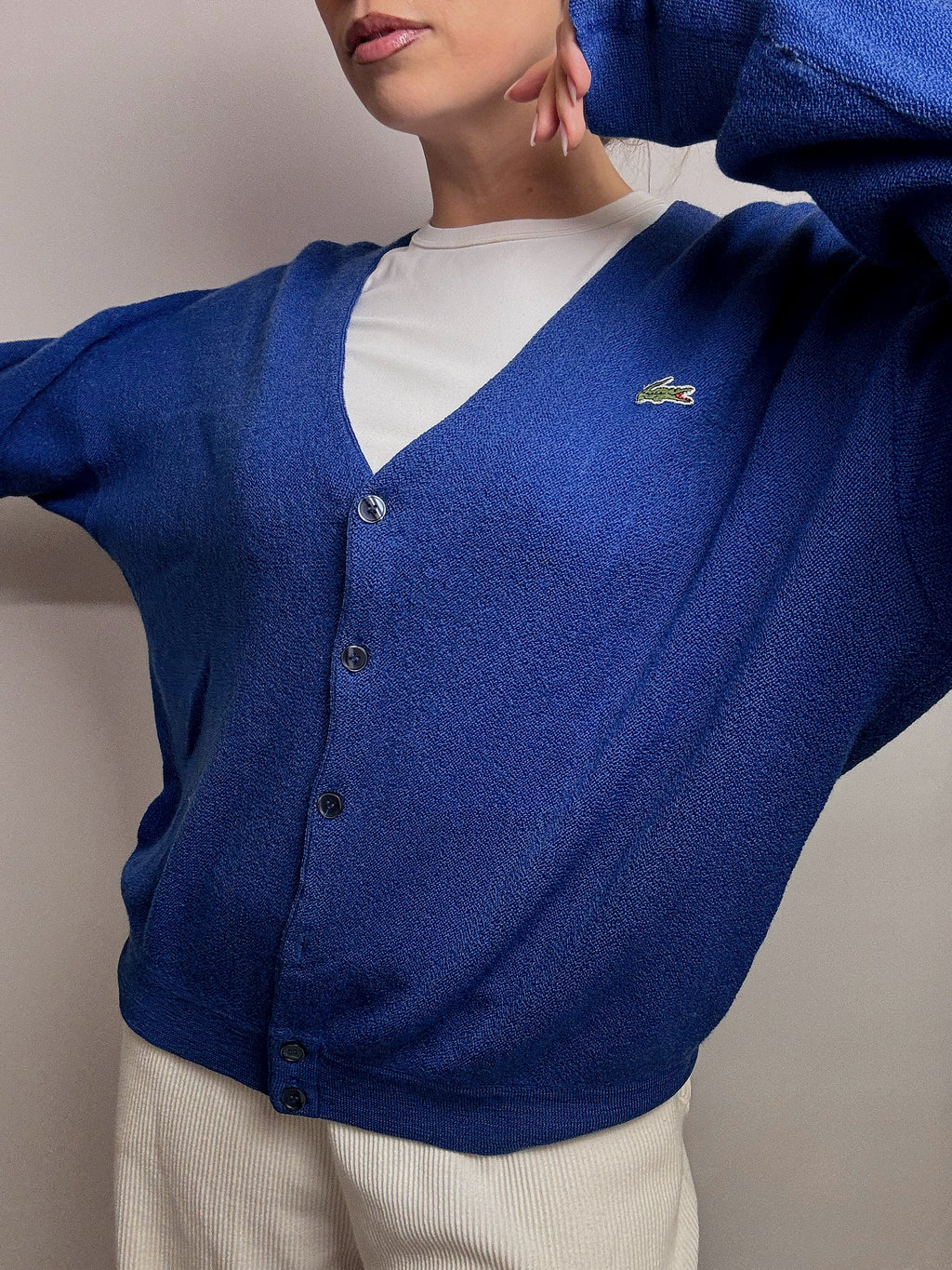 Cardigan en laine à boutons bleu LACOSTE M Vintage