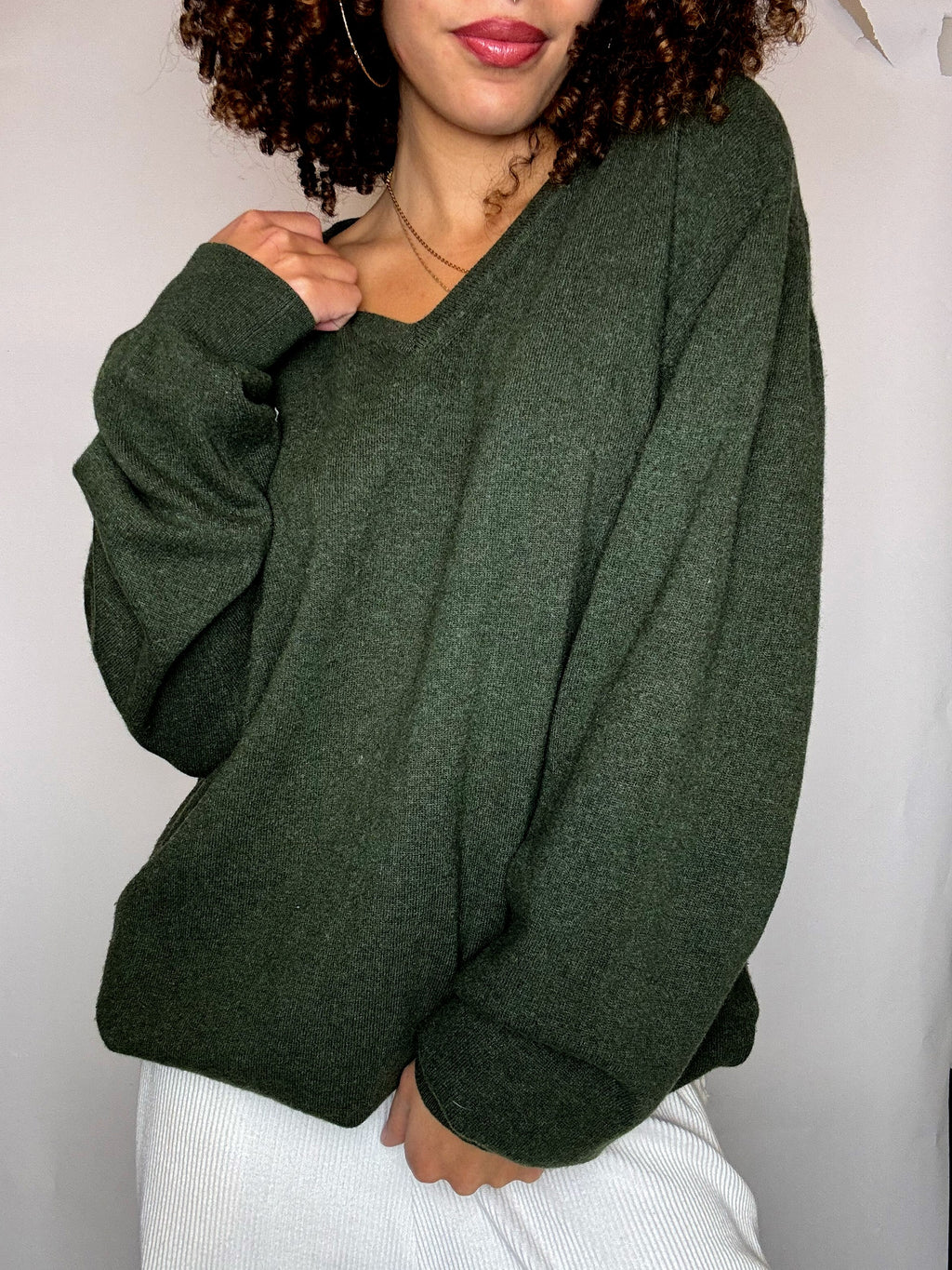 Pull merinos kaki col V XL vintage