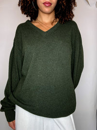 Pull merinos kaki col V XL vintage