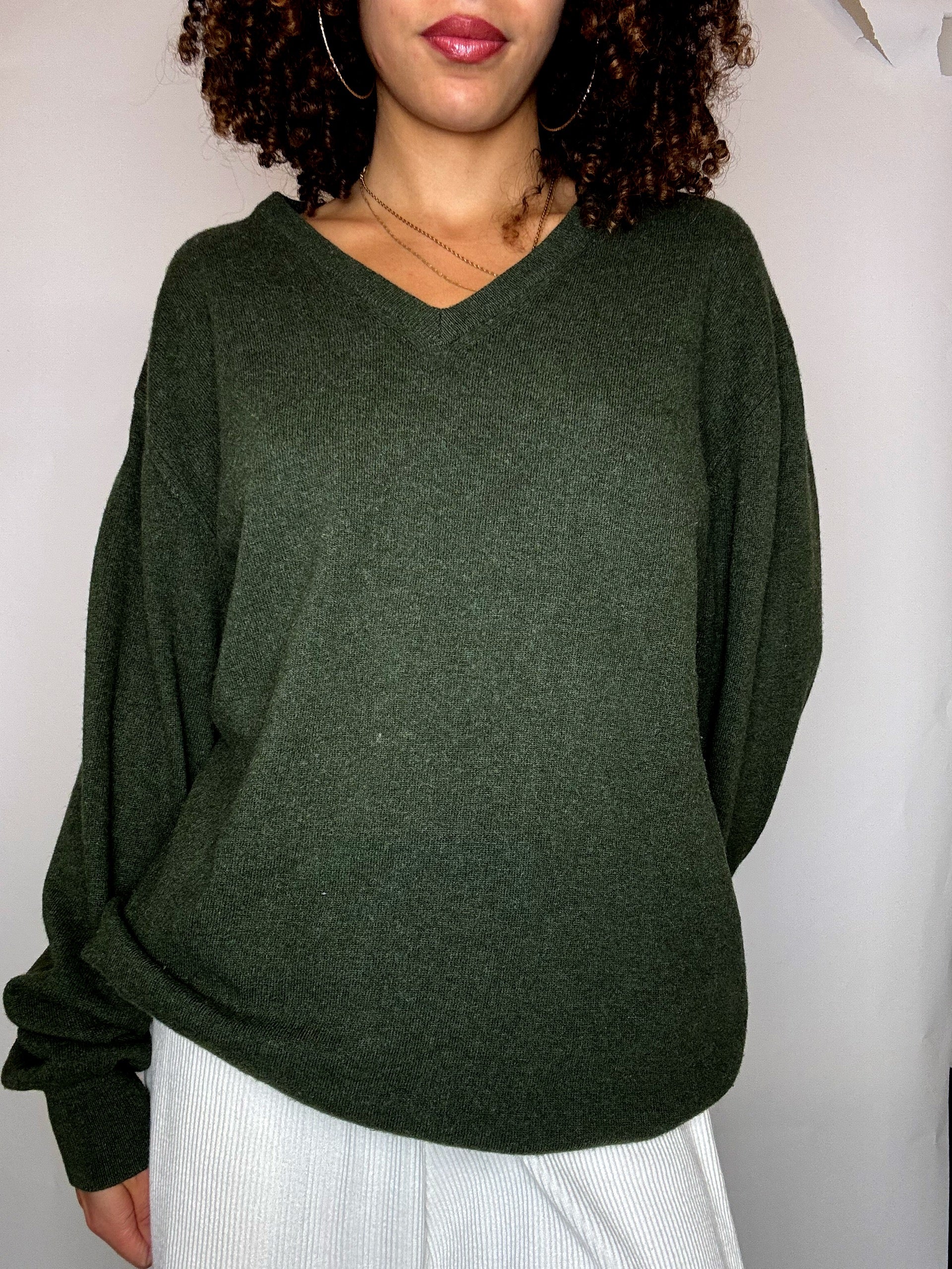 Pull merinos kaki col V XL vintage