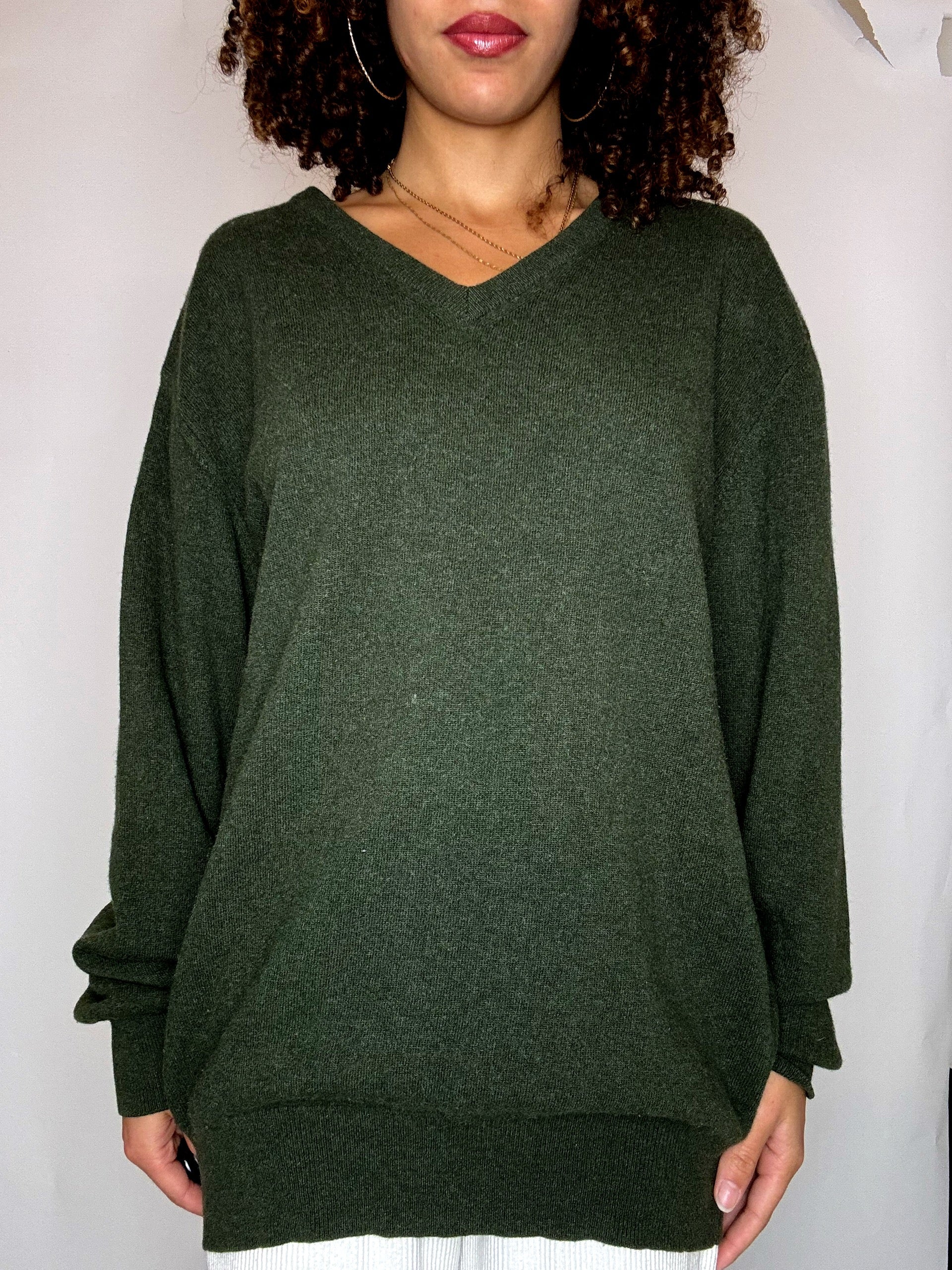 Pull merinos kaki col V XL vintage