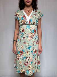 Khaki floral short dress with vintage L-collar detail