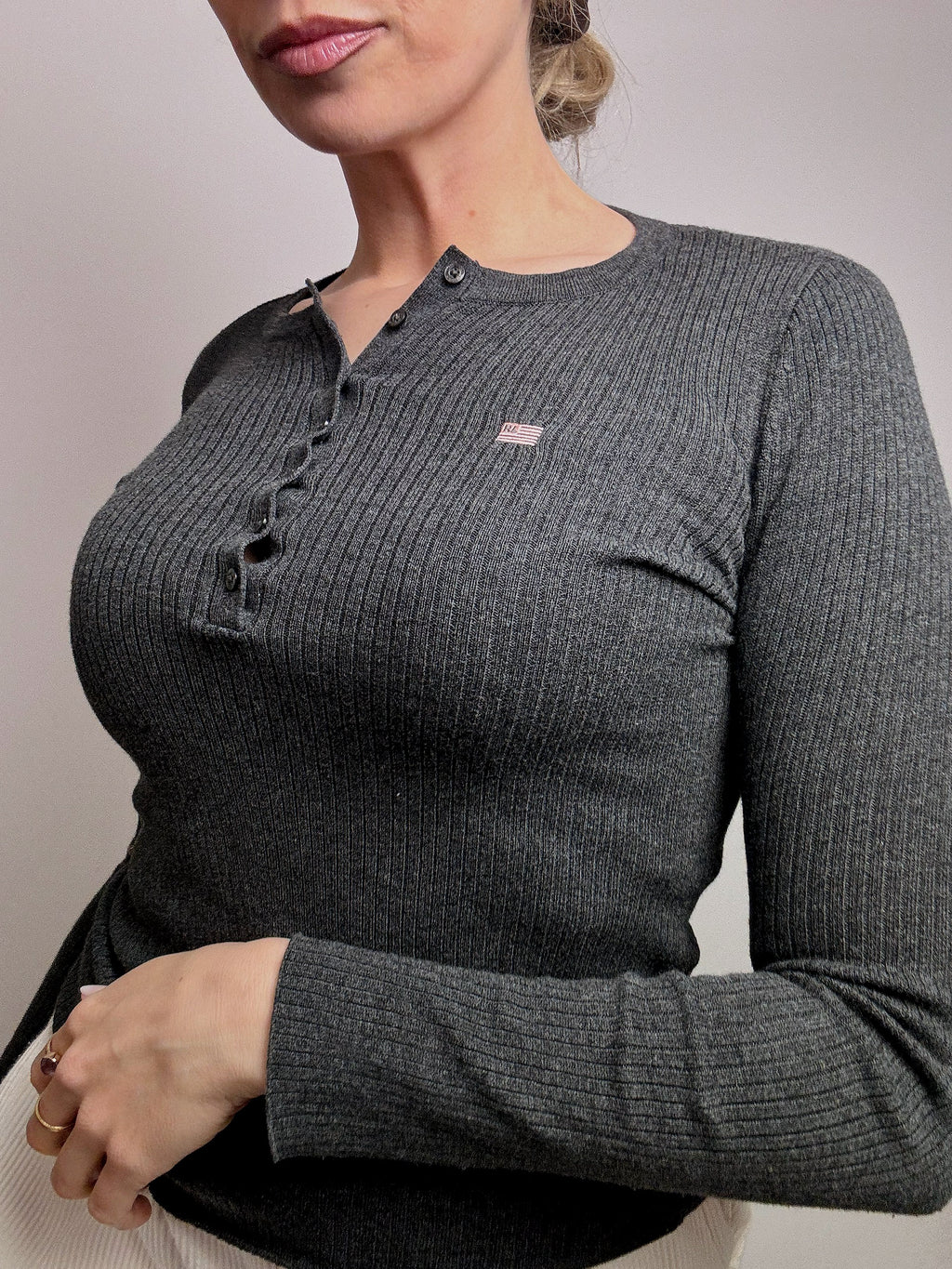 Vintage RALPH LAUREN XS grauer Pullover mit Button-Down-Kragen