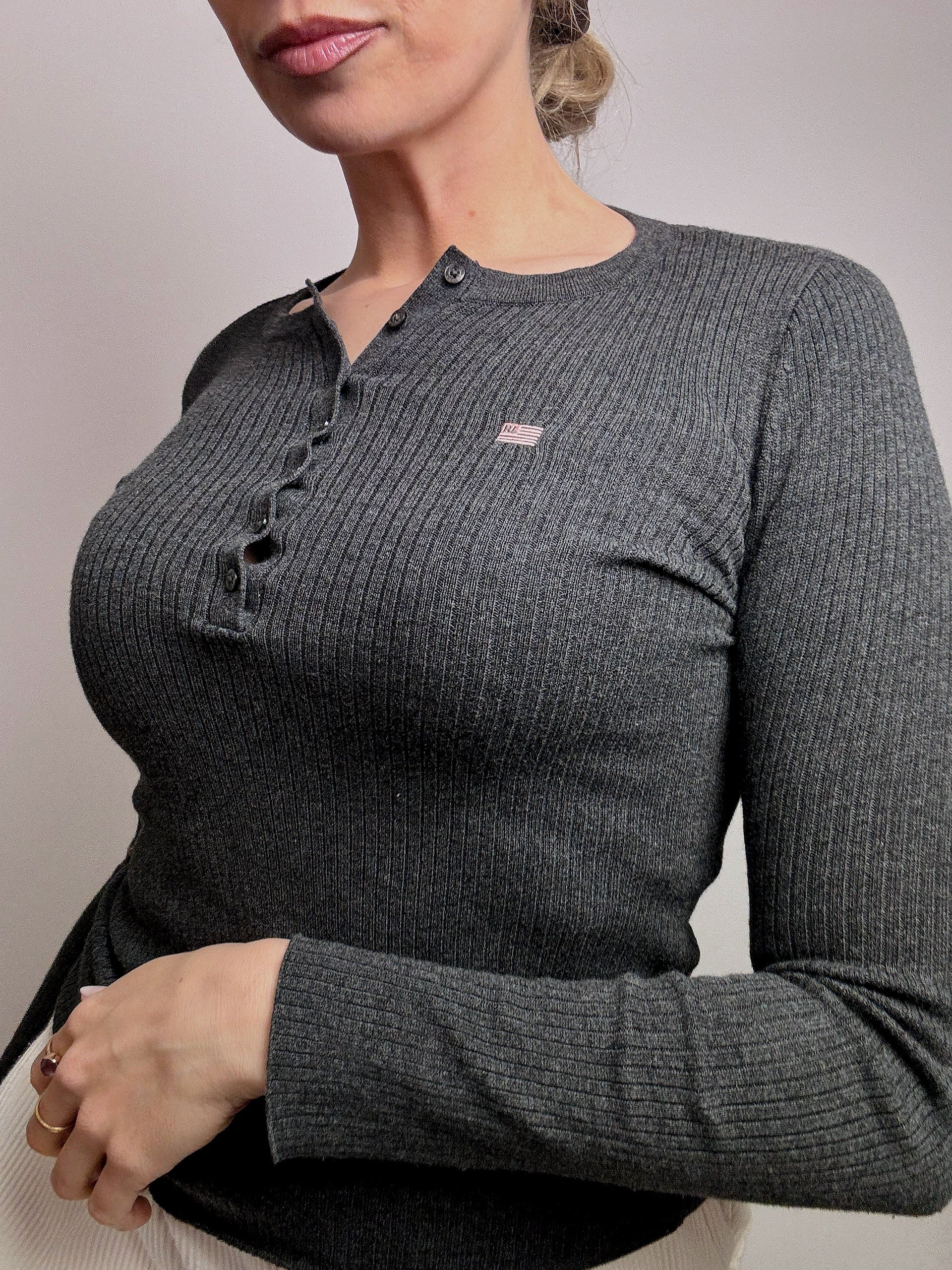 Vintage RALPH LAUREN XS grauer Pullover mit Button-Down-Kragen
