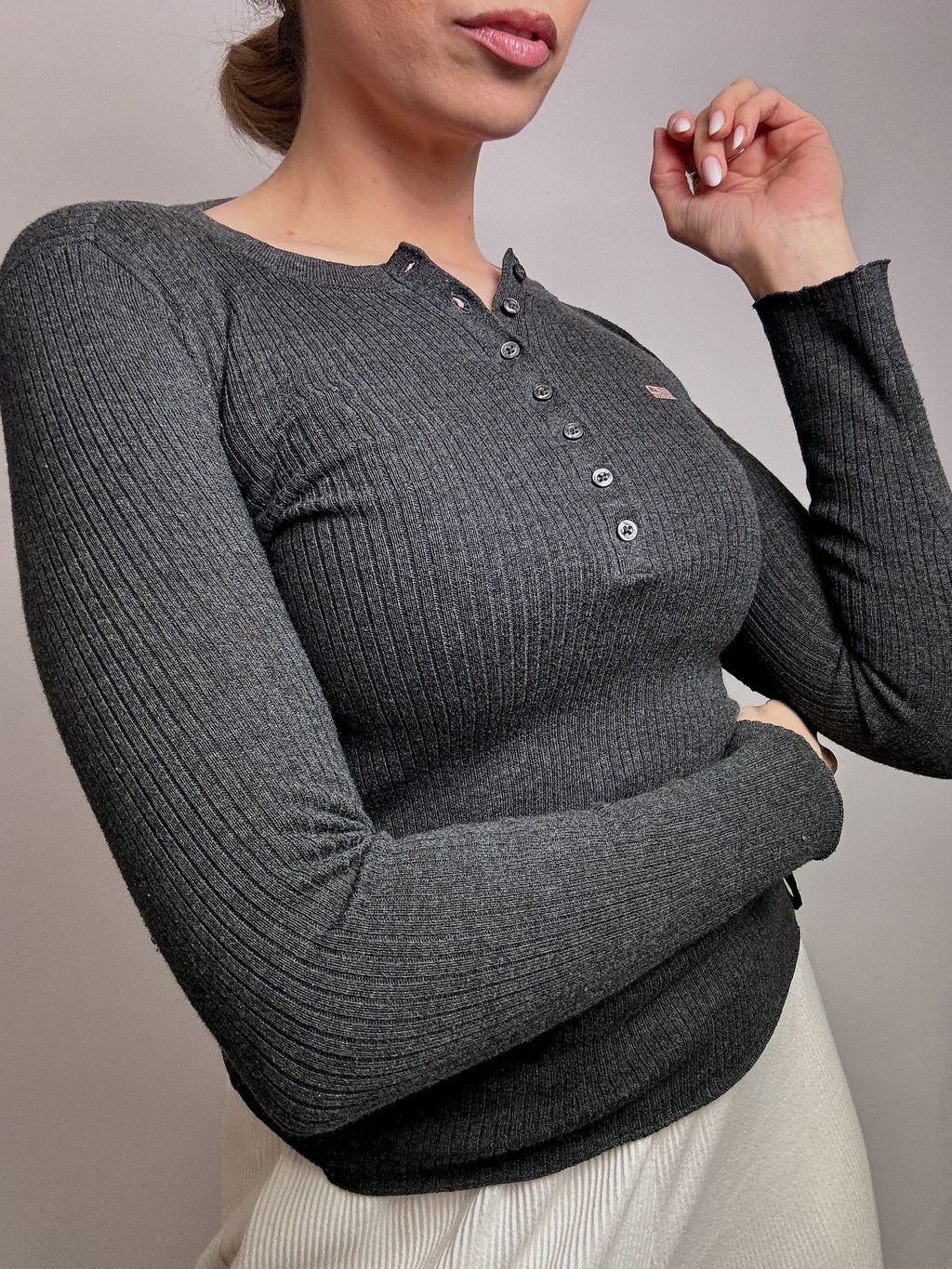 Vintage RALPH LAUREN XS grauer Pullover mit Button-Down-Kragen