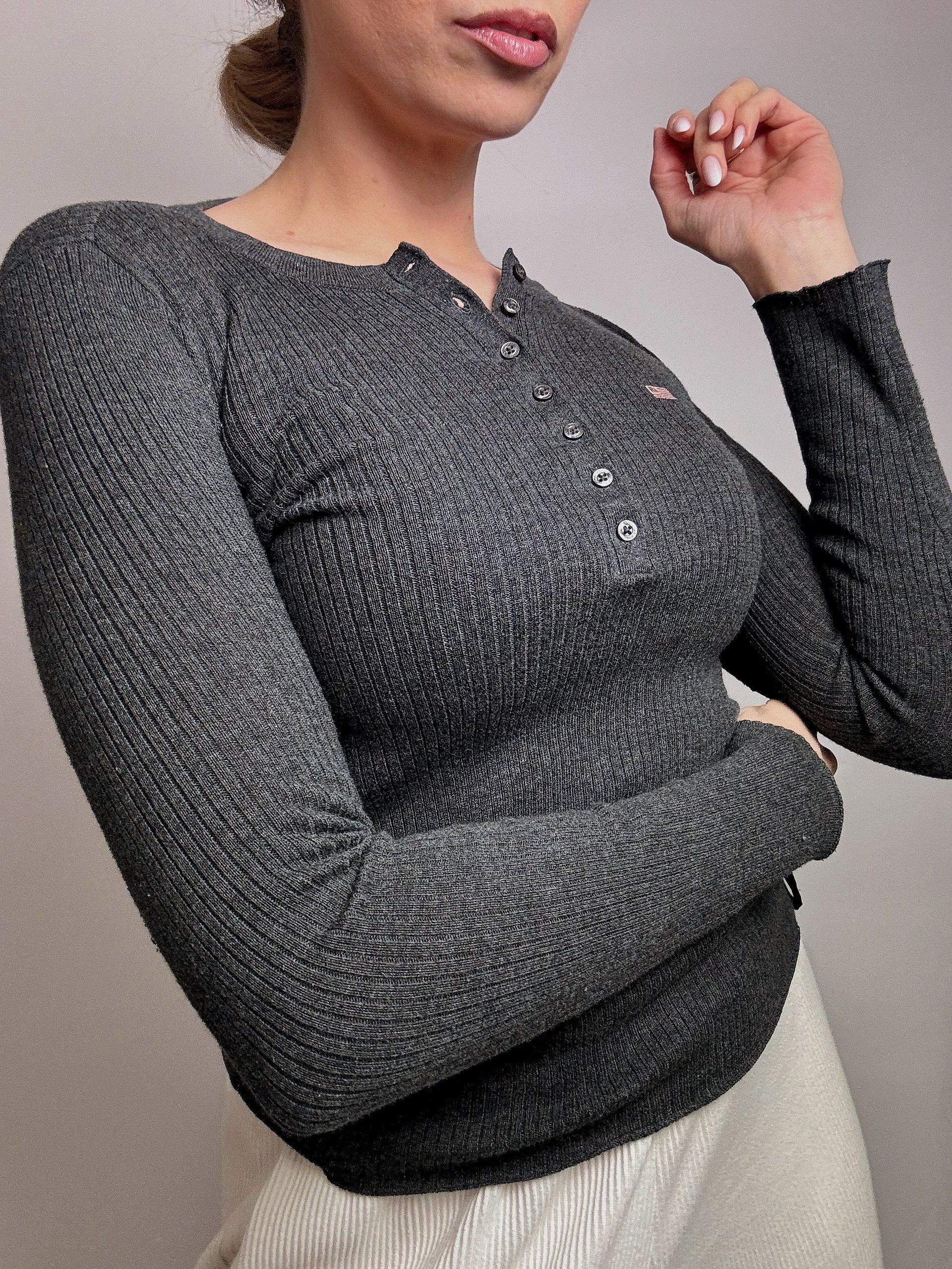 Vintage RALPH LAUREN XS grauer Pullover mit Button-Down-Kragen
