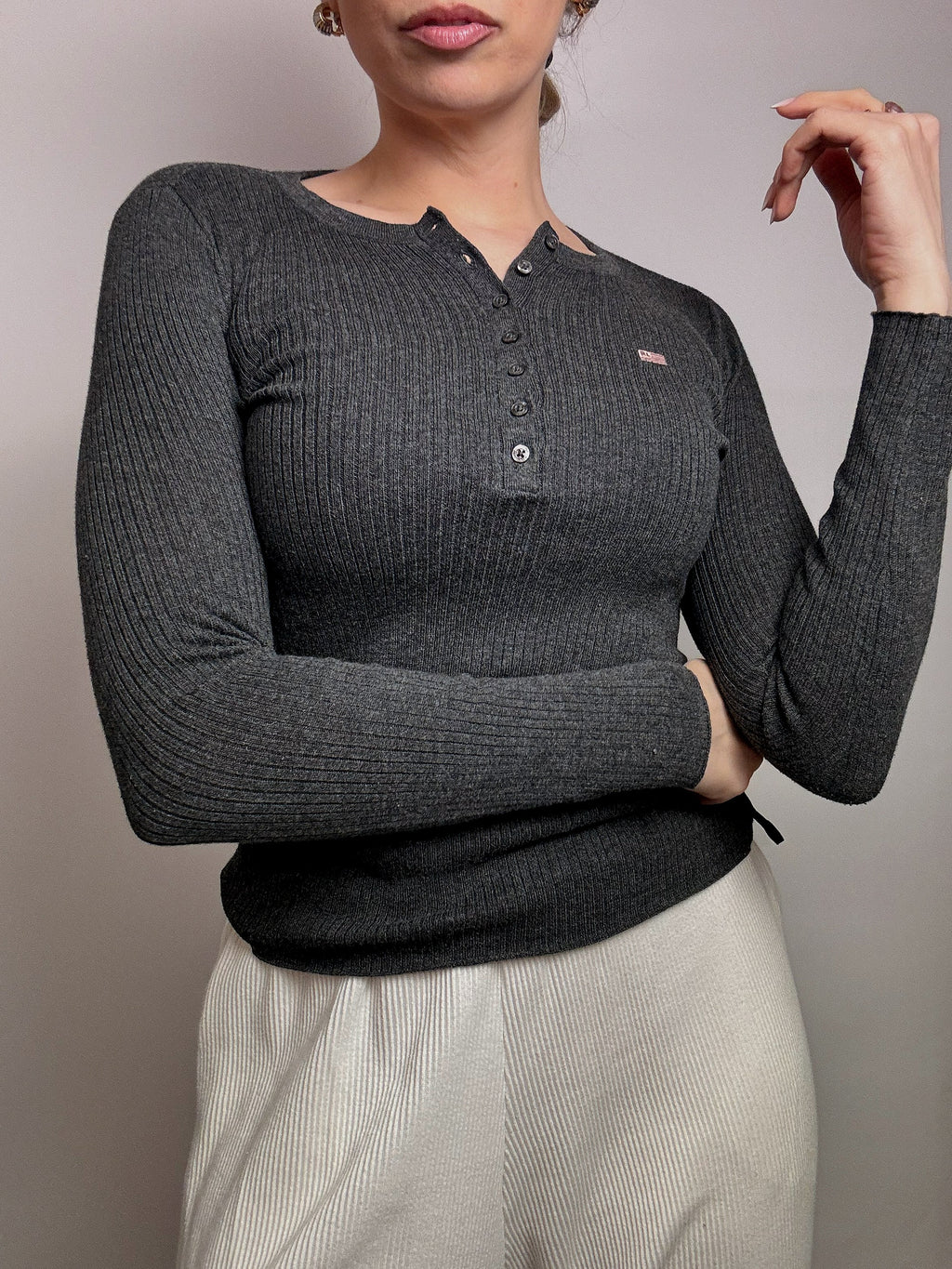 Vintage RALPH LAUREN XS grauer Pullover mit Button-Down-Kragen