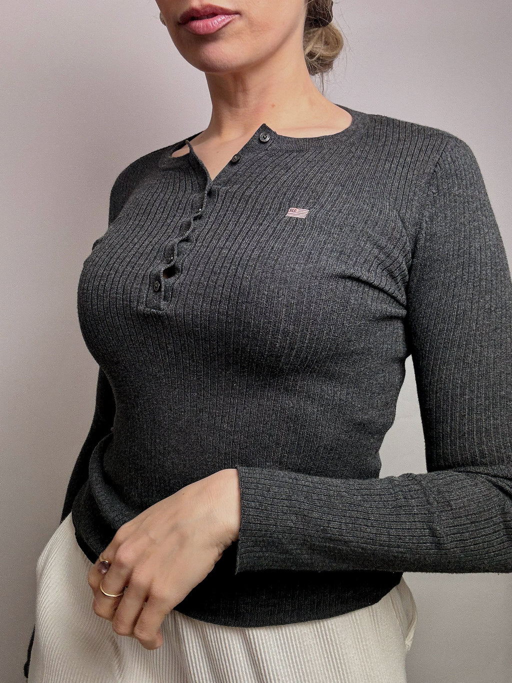 Vintage RALPH LAUREN XS grauer Pullover mit Button-Down-Kragen