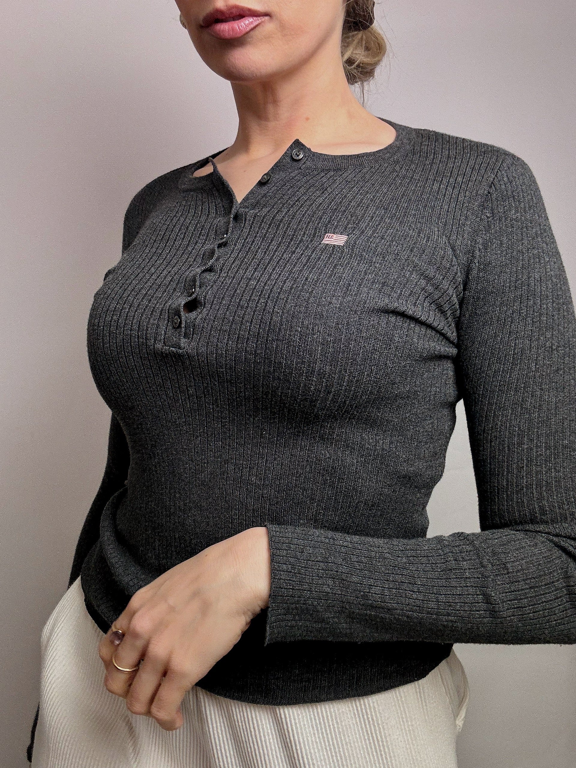 Vintage RALPH LAUREN XS grauer Pullover mit Button-Down-Kragen