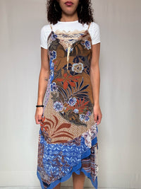 Vintage-Kleid mit Spaghettiträgern in Braun und Blau, Größe M/L