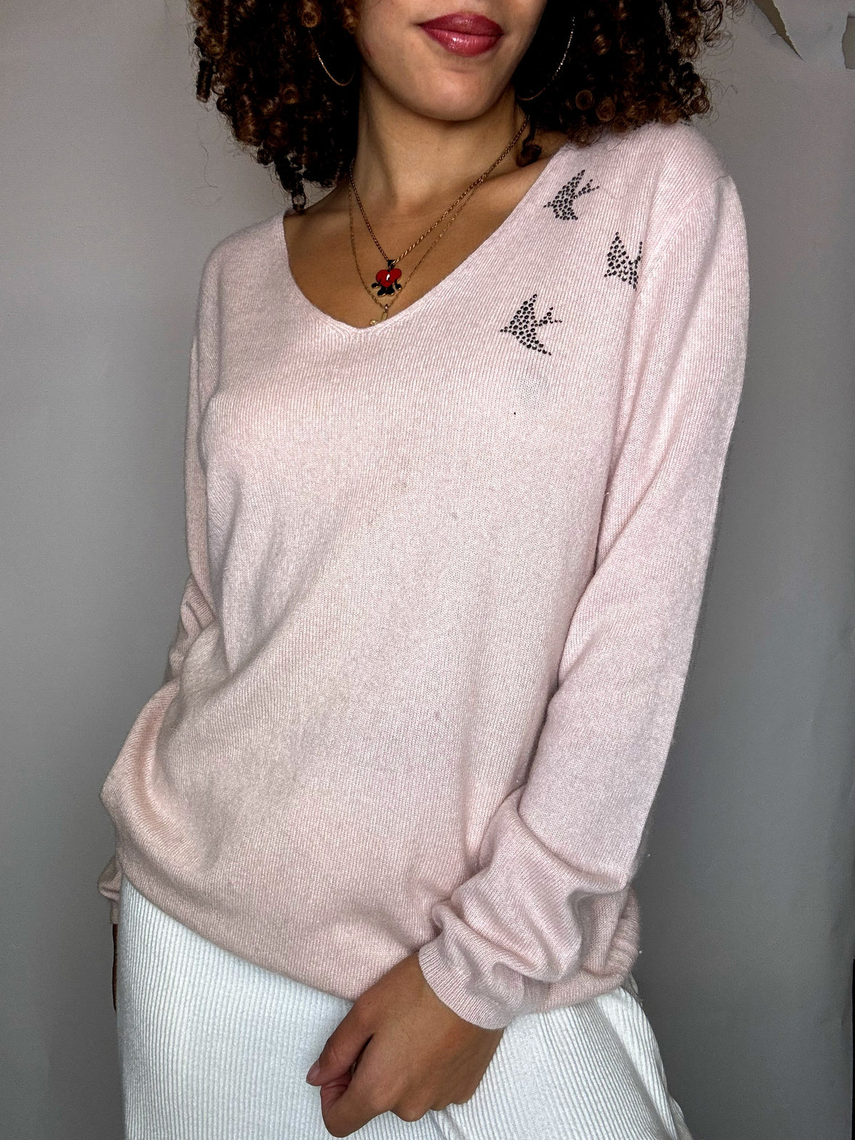 Pull rose col V L vintage