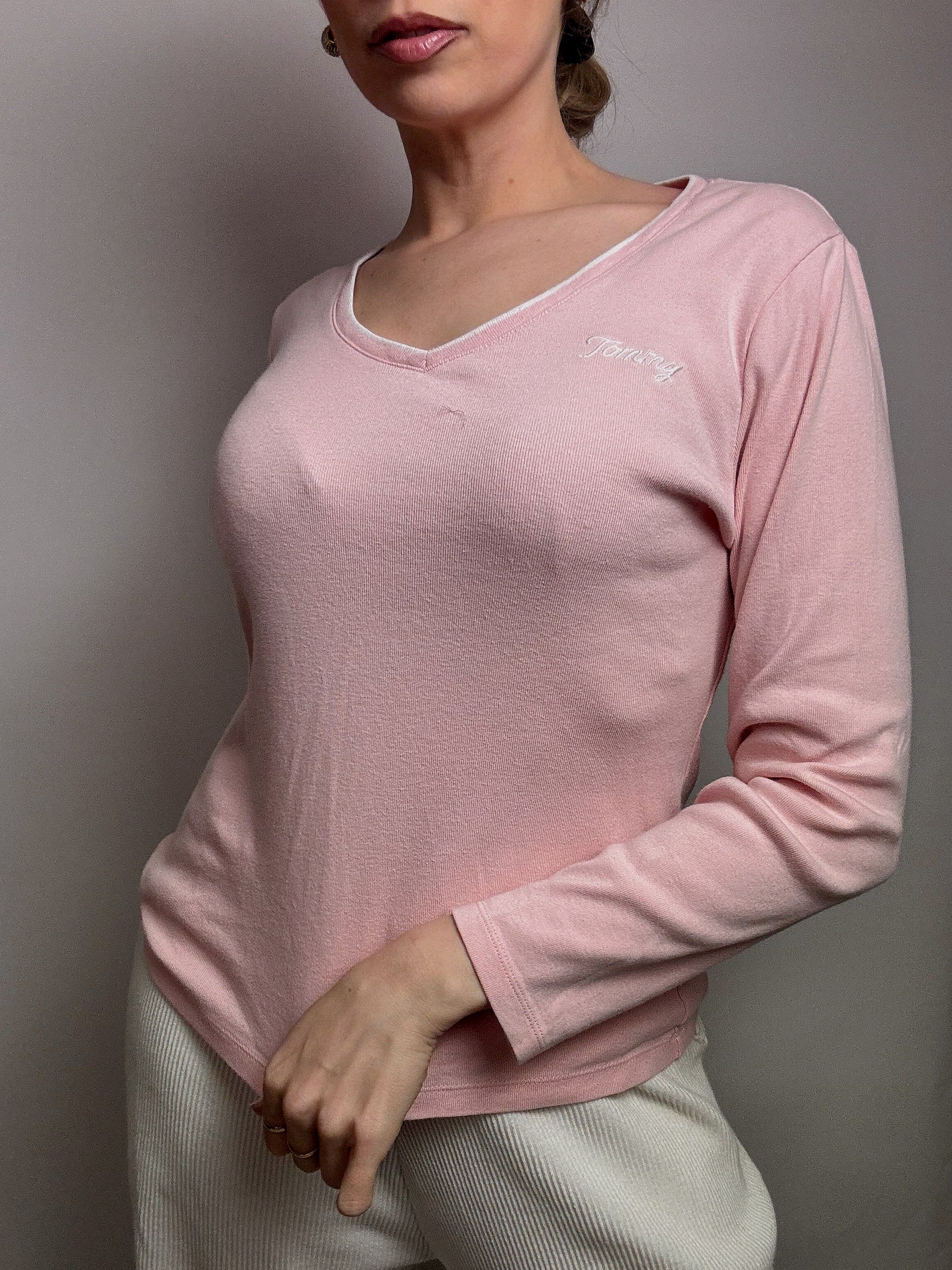 Large pink V-neck sweater TOMMY HILFIGER L vintage