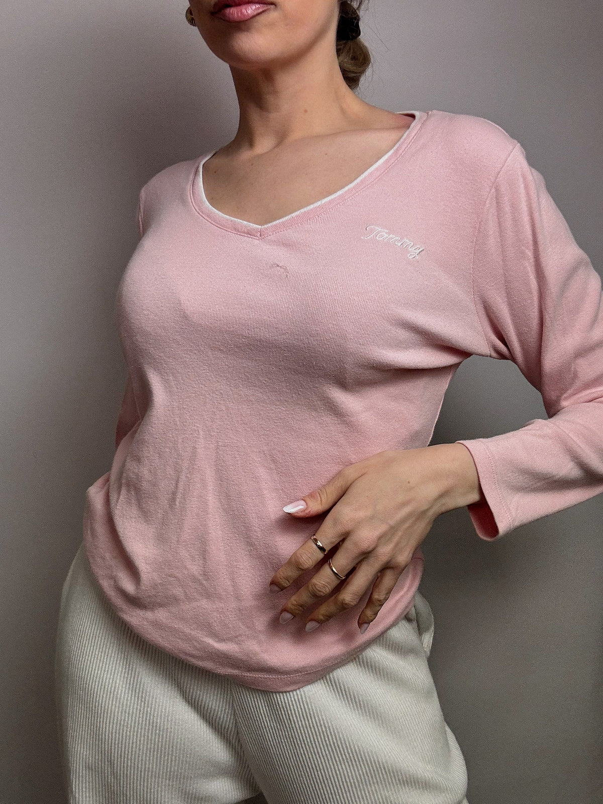 Large pink V-neck sweater TOMMY HILFIGER L vintage