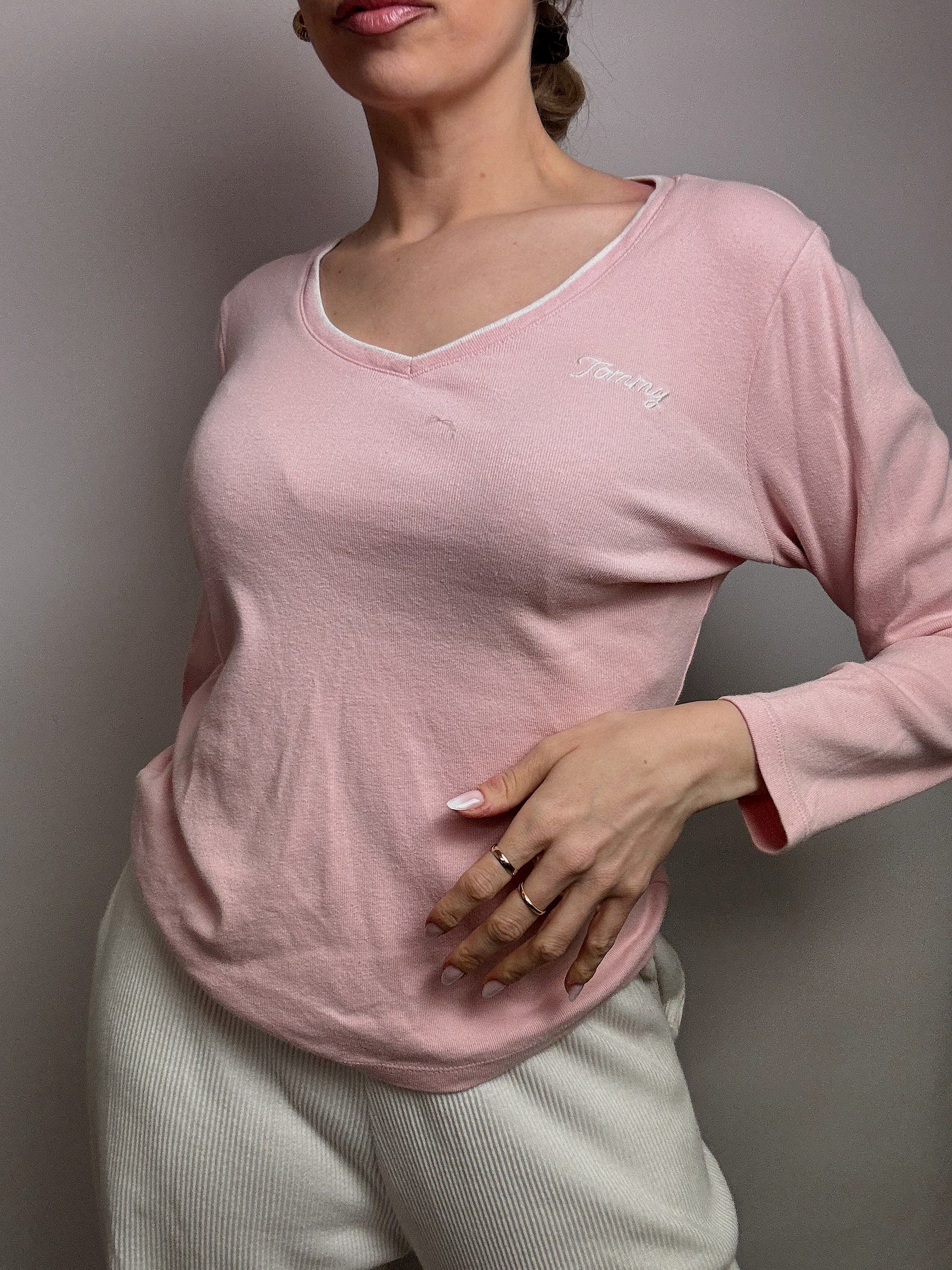 Large pink V-neck sweater TOMMY HILFIGER L vintage