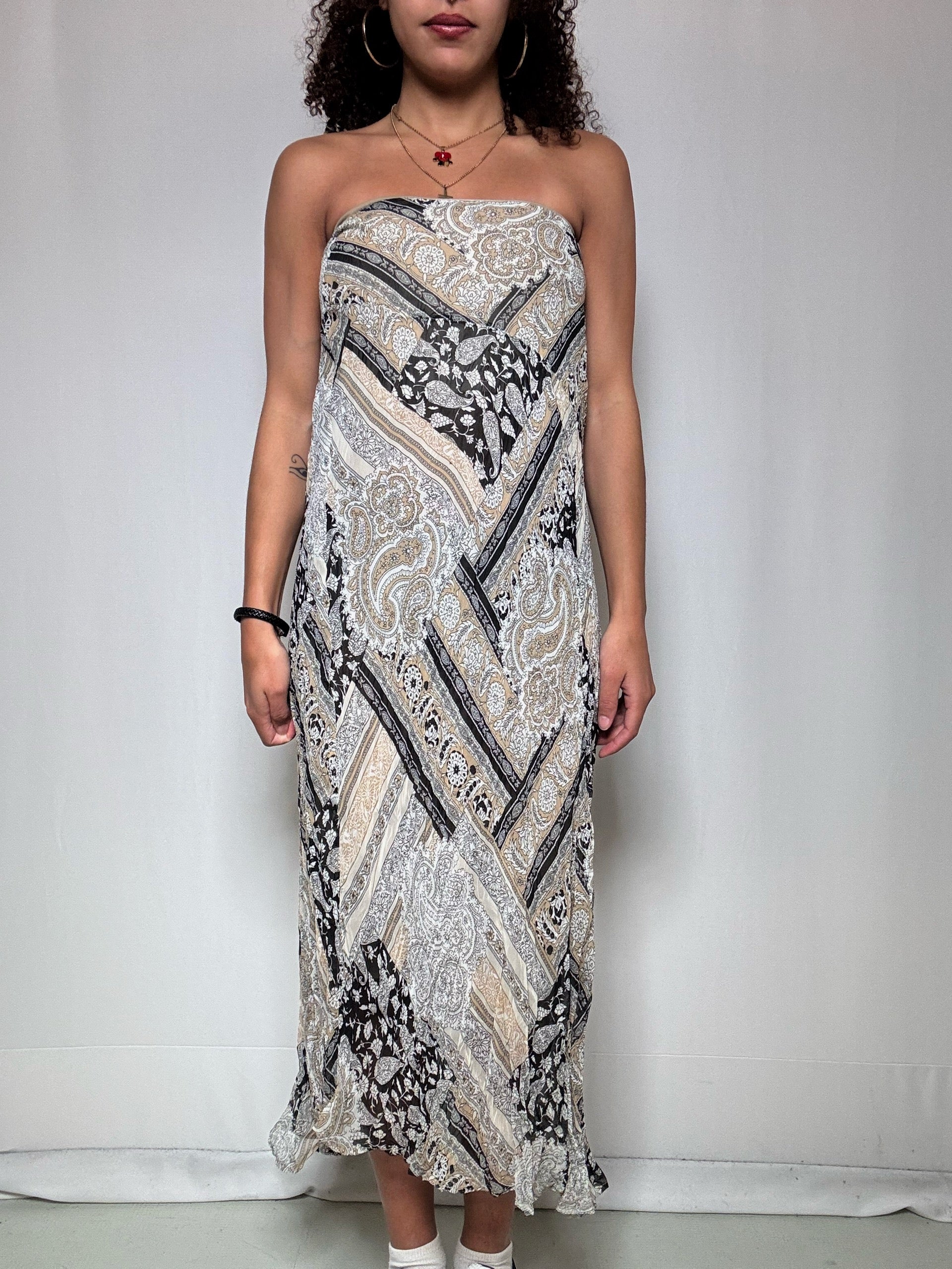 Vintage M crumpled-effect printed strapless dress