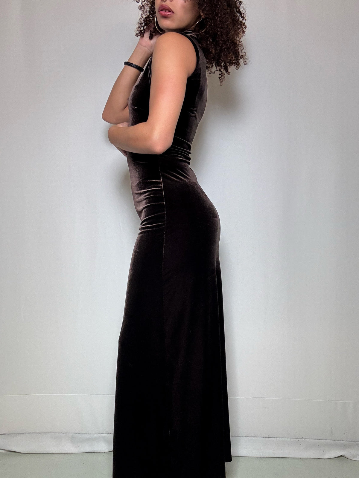 Eng anliegendes braunes Samtkleid S, Vintage