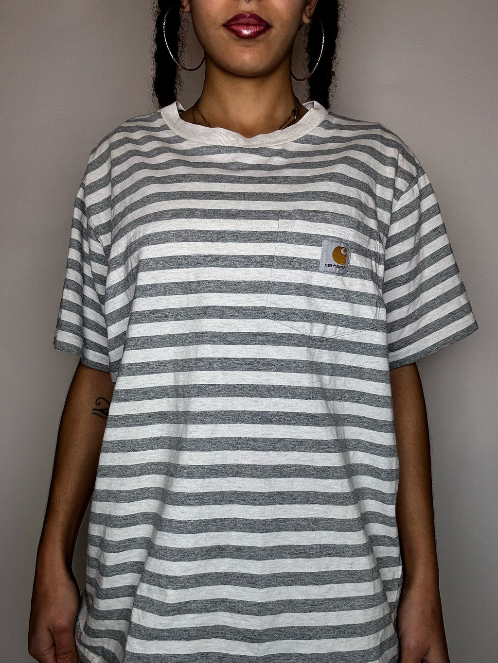 CARHARTT grey and white striped T-shirt L vintage