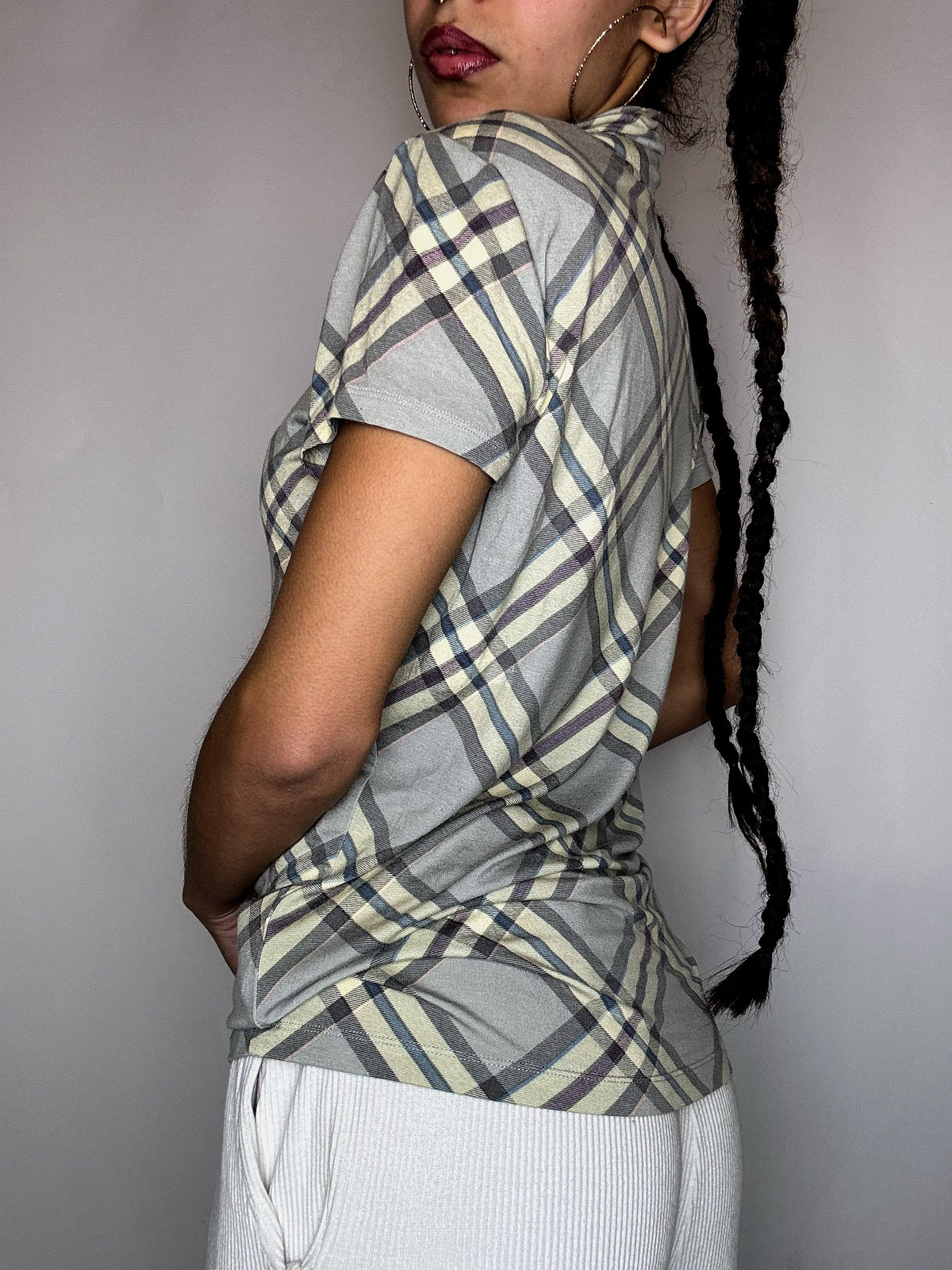 Top col montant à carreaux beige RALPH LAUREN M vintage