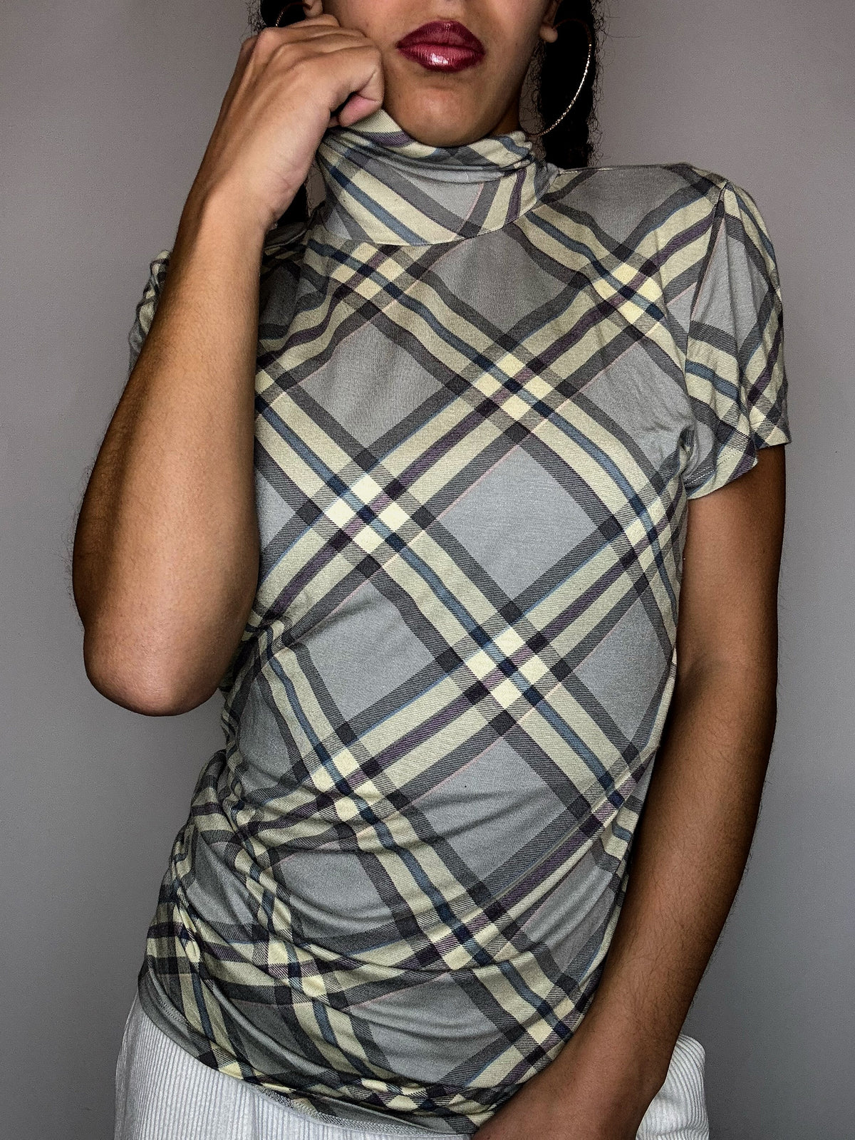 Top col montant à carreaux beige RALPH LAUREN M vintage