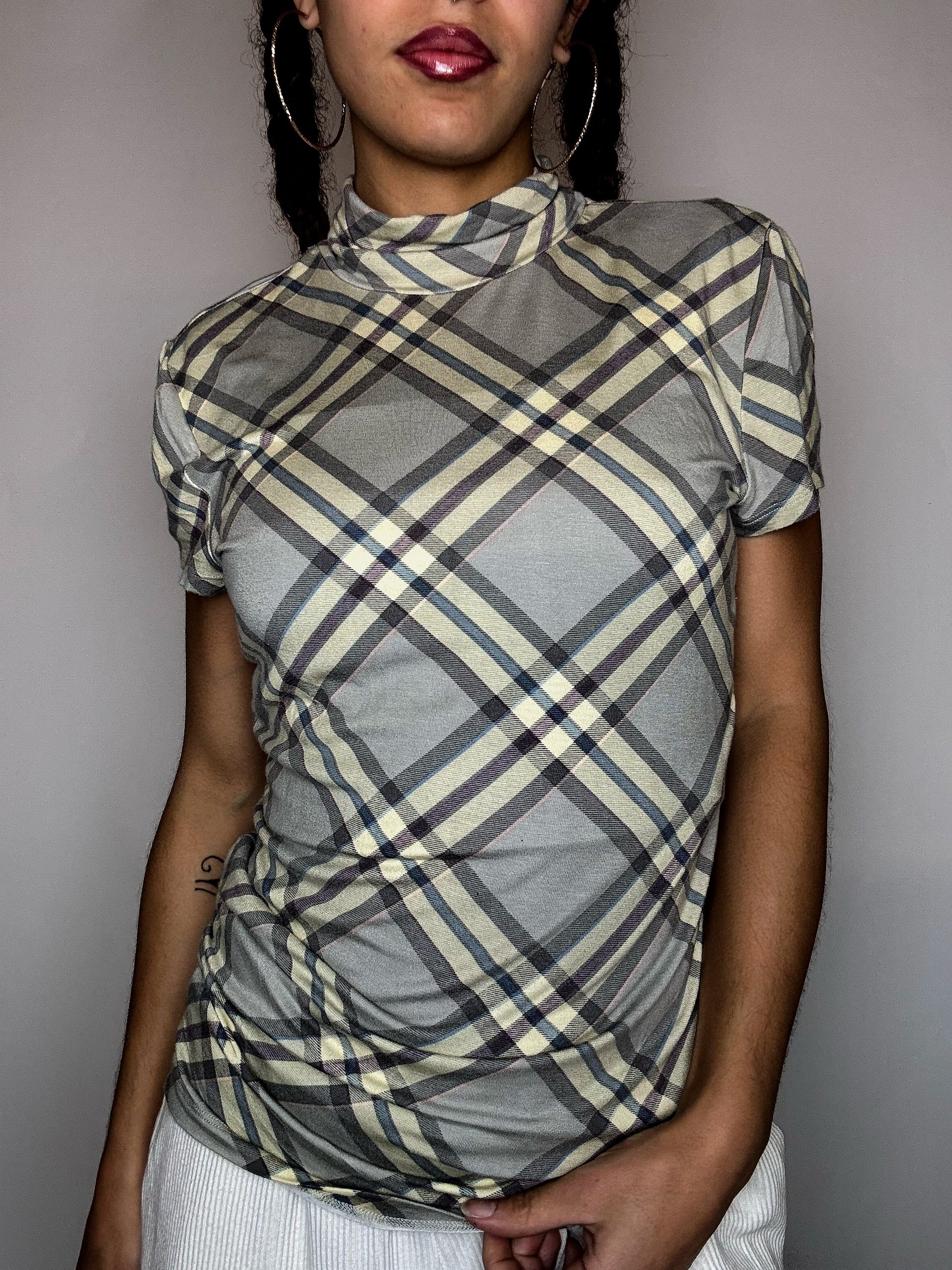 Top col montant à carreaux beige RALPH LAUREN M vintage