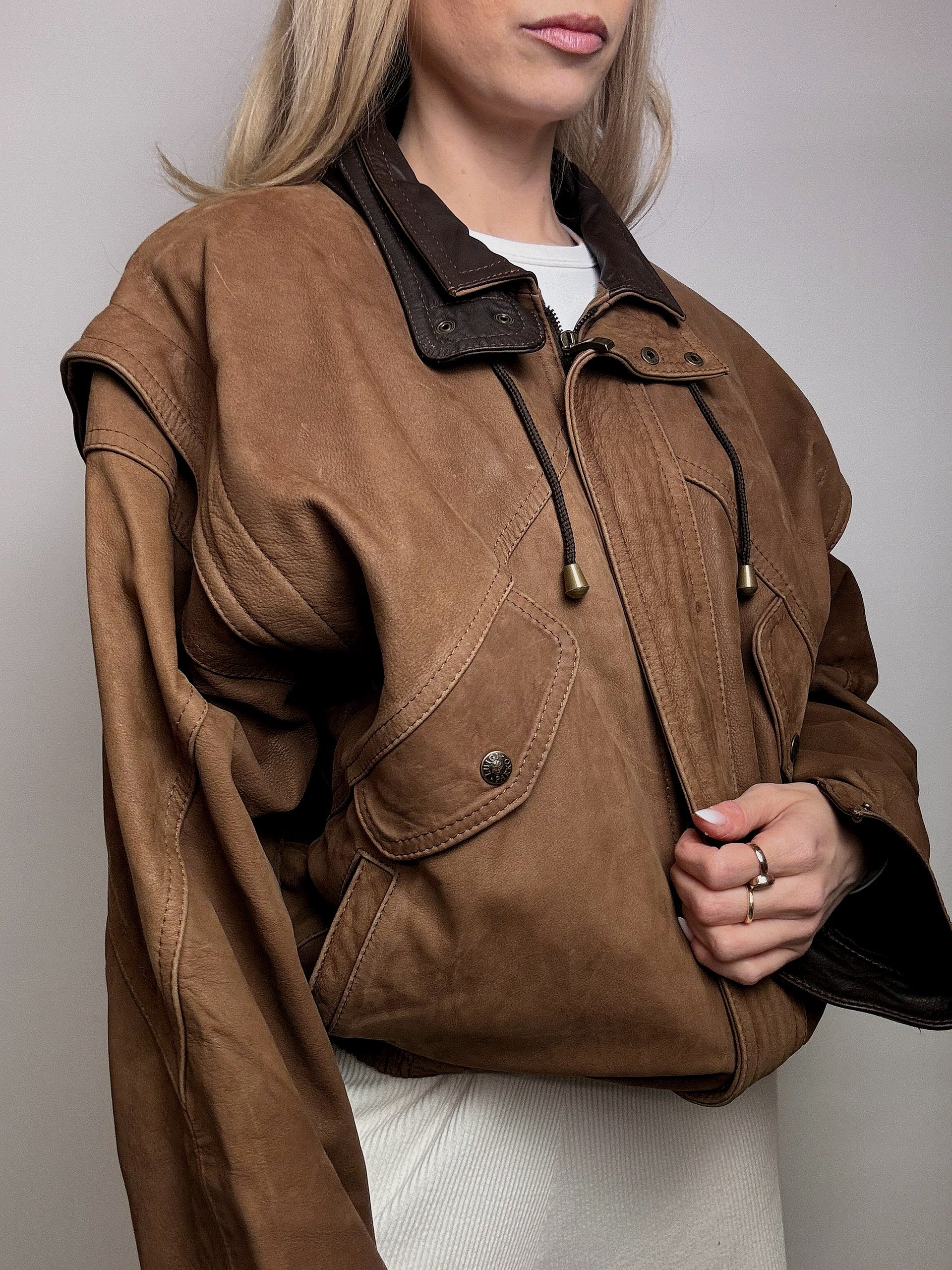 Vintage Braune Lederjacke im Aviator-Stil L