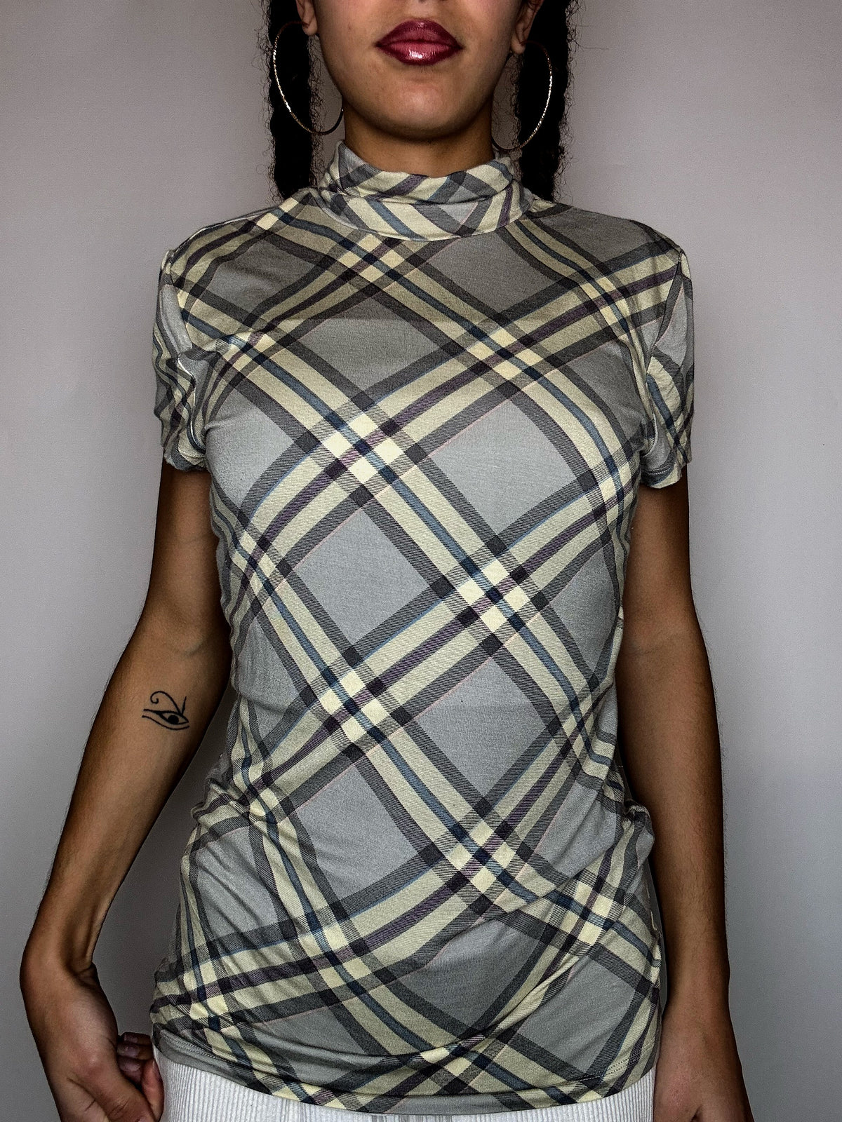 Top col montant à carreaux beige RALPH LAUREN M vintage
