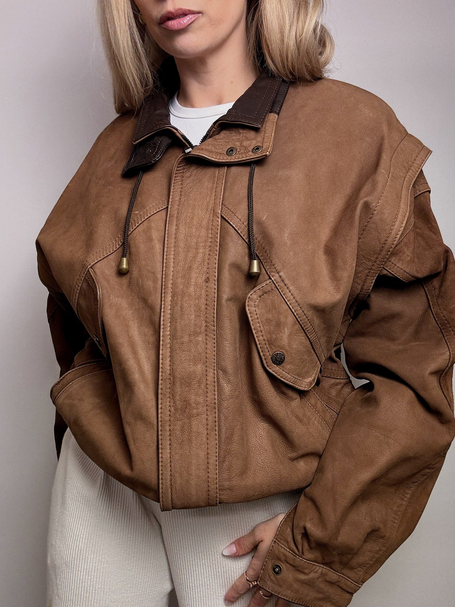 Vintage Braune Lederjacke im Aviator-Stil L