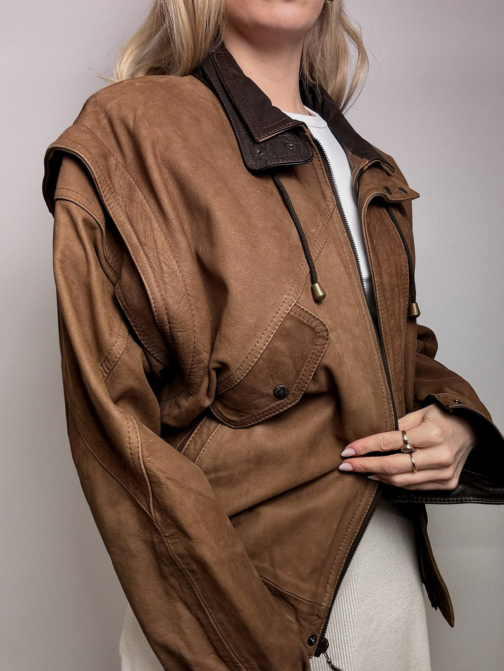 Vintage Braune Lederjacke im Aviator-Stil L