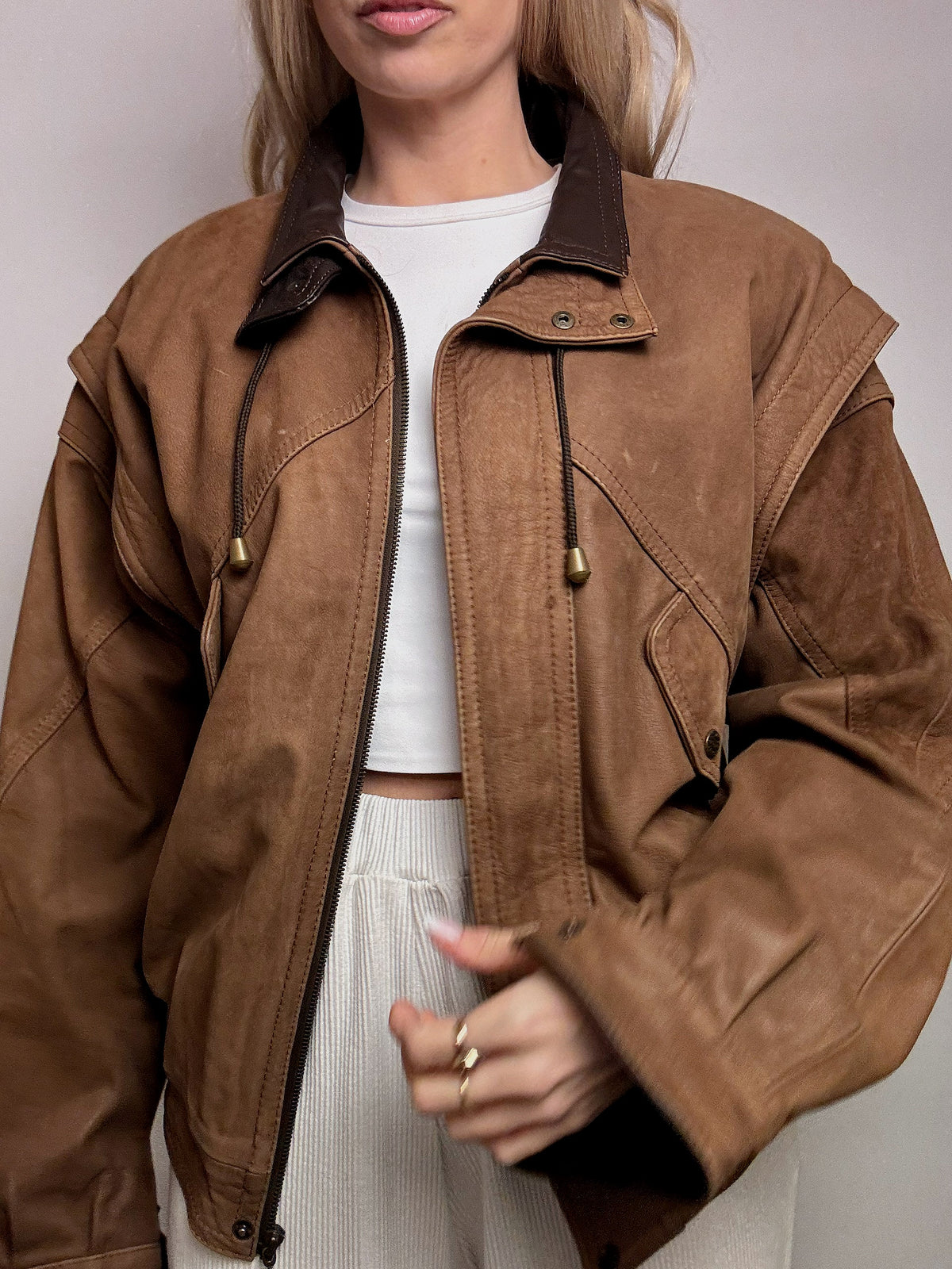 Vintage Braune Lederjacke im Aviator-Stil L