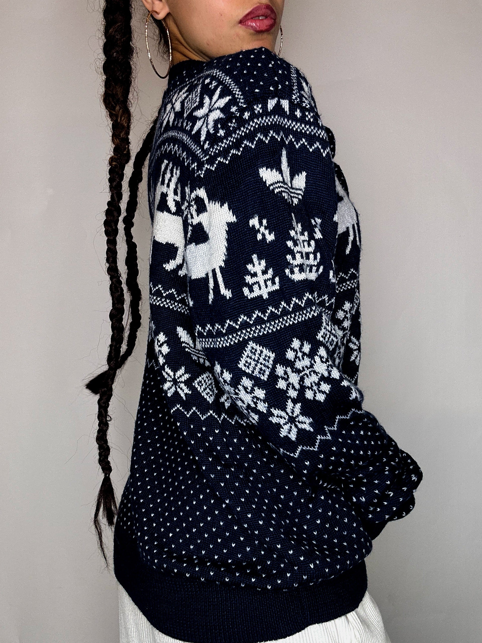 Pull en maille à motifs marine ADIDAS L vintage