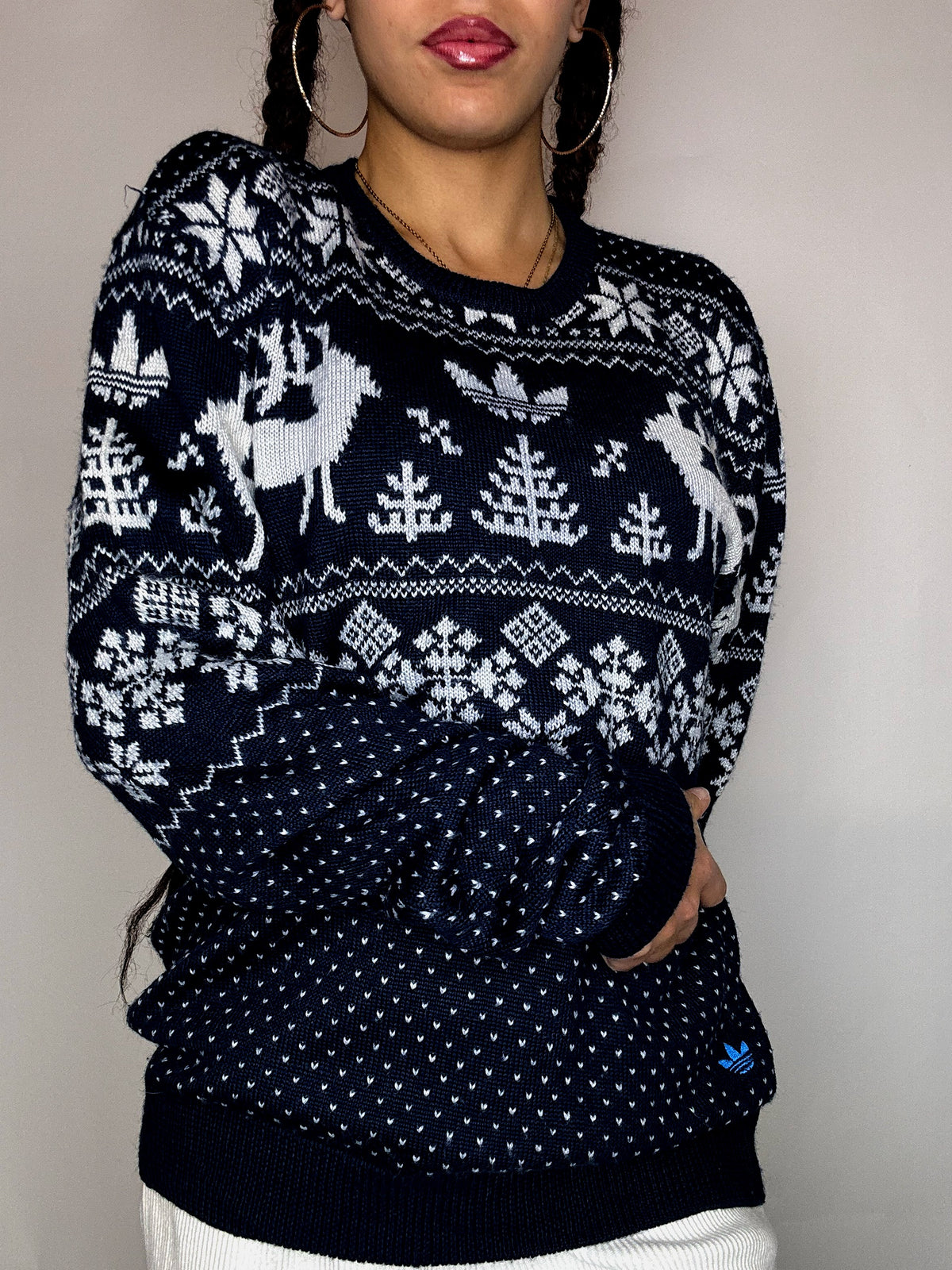 Pull en maille à motifs marine ADIDAS L vintage