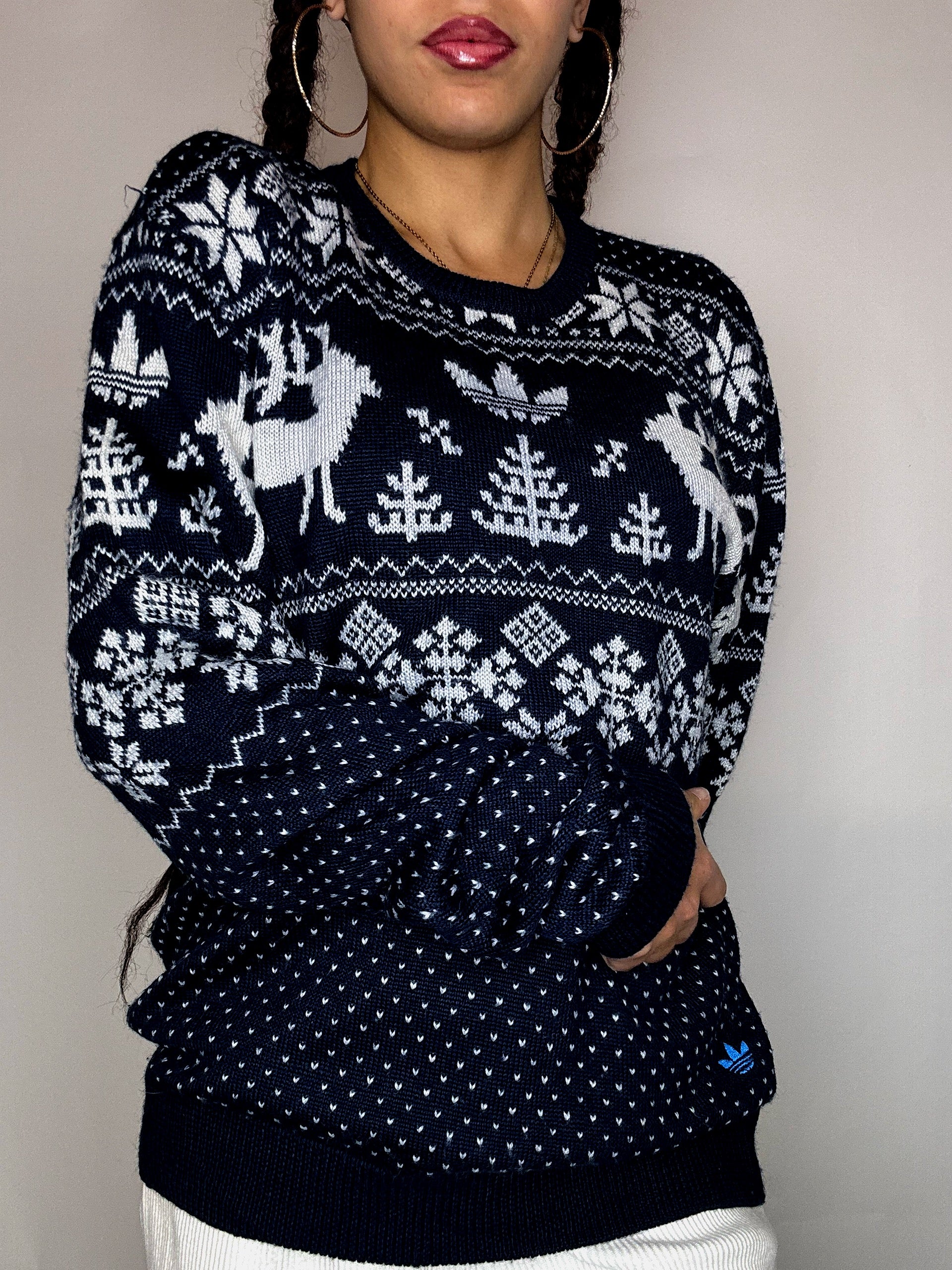 Pull en maille à motifs marine ADIDAS L vintage