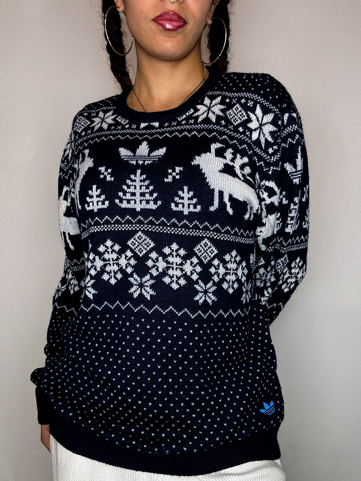 Pull en maille à motifs marine ADIDAS L vintage