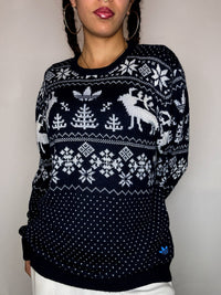 Pull en maille à motifs marine ADIDAS L vintage