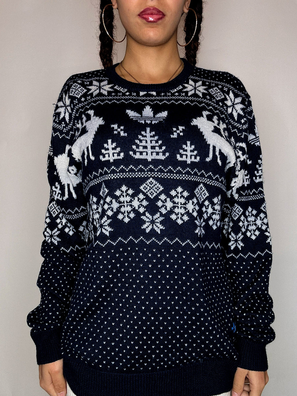 Pull en maille à motifs marine ADIDAS L vintage