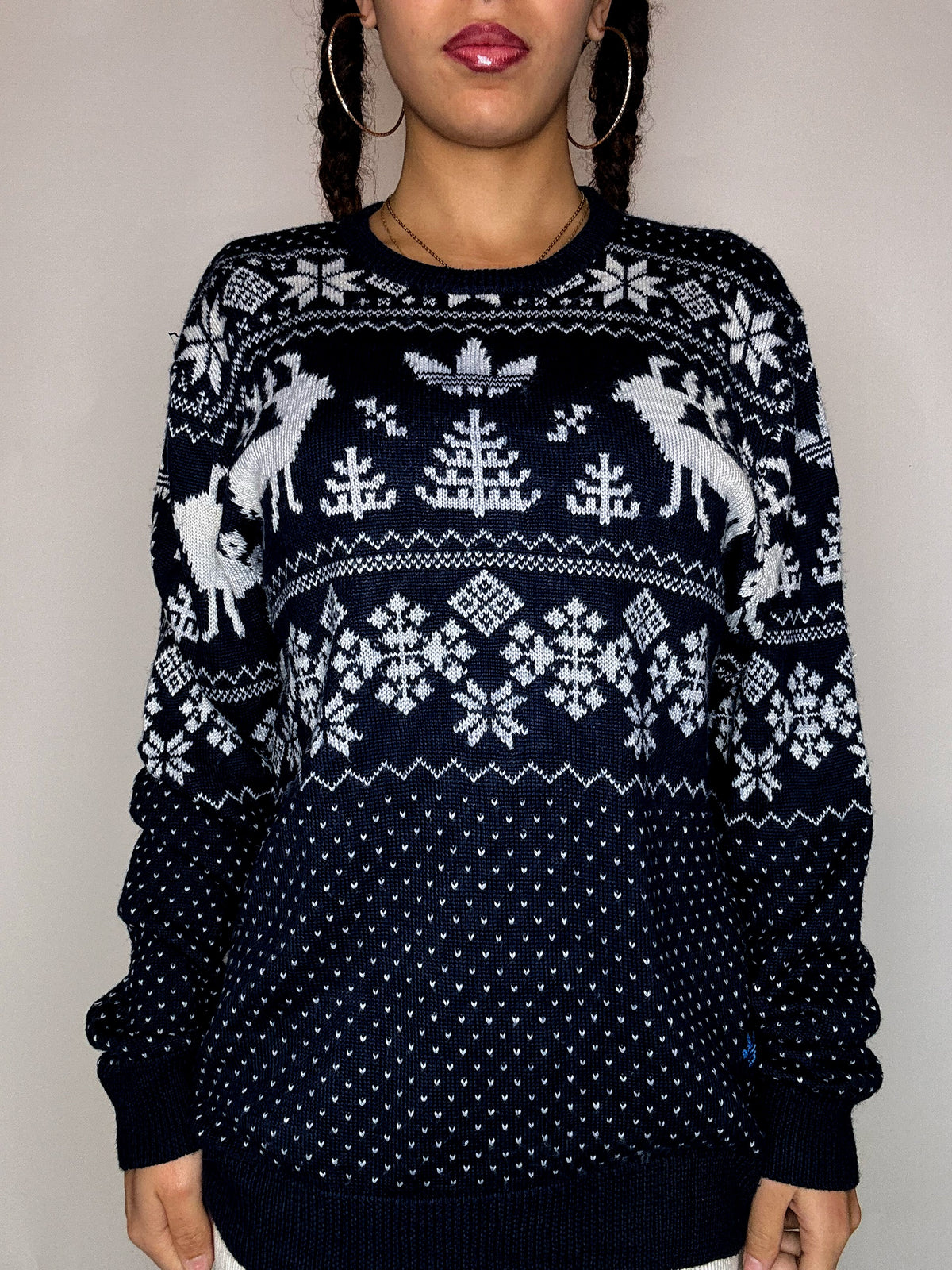 Pull en maille à motifs marine ADIDAS L vintage