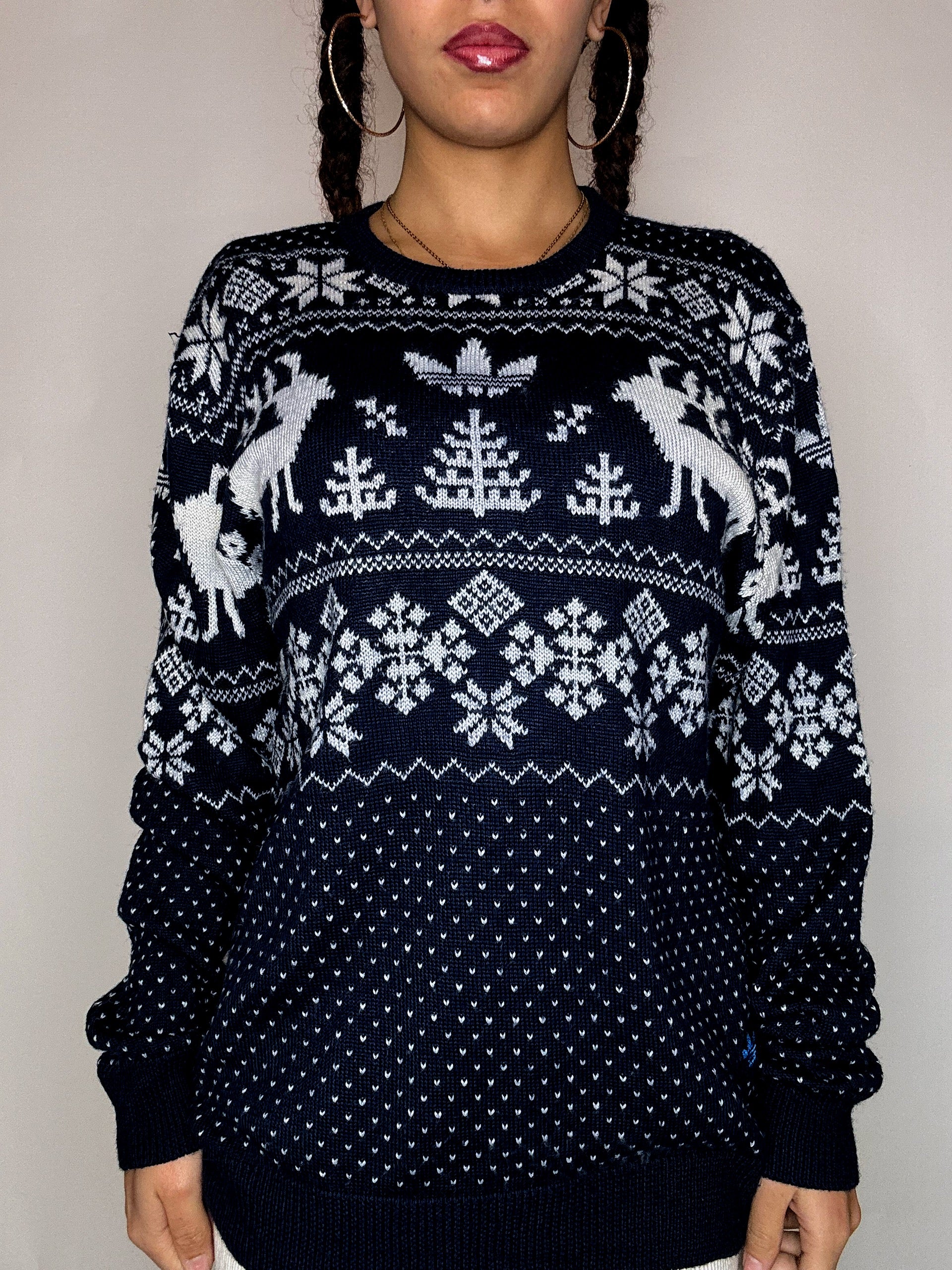 Pull en maille à motifs marine ADIDAS L vintage