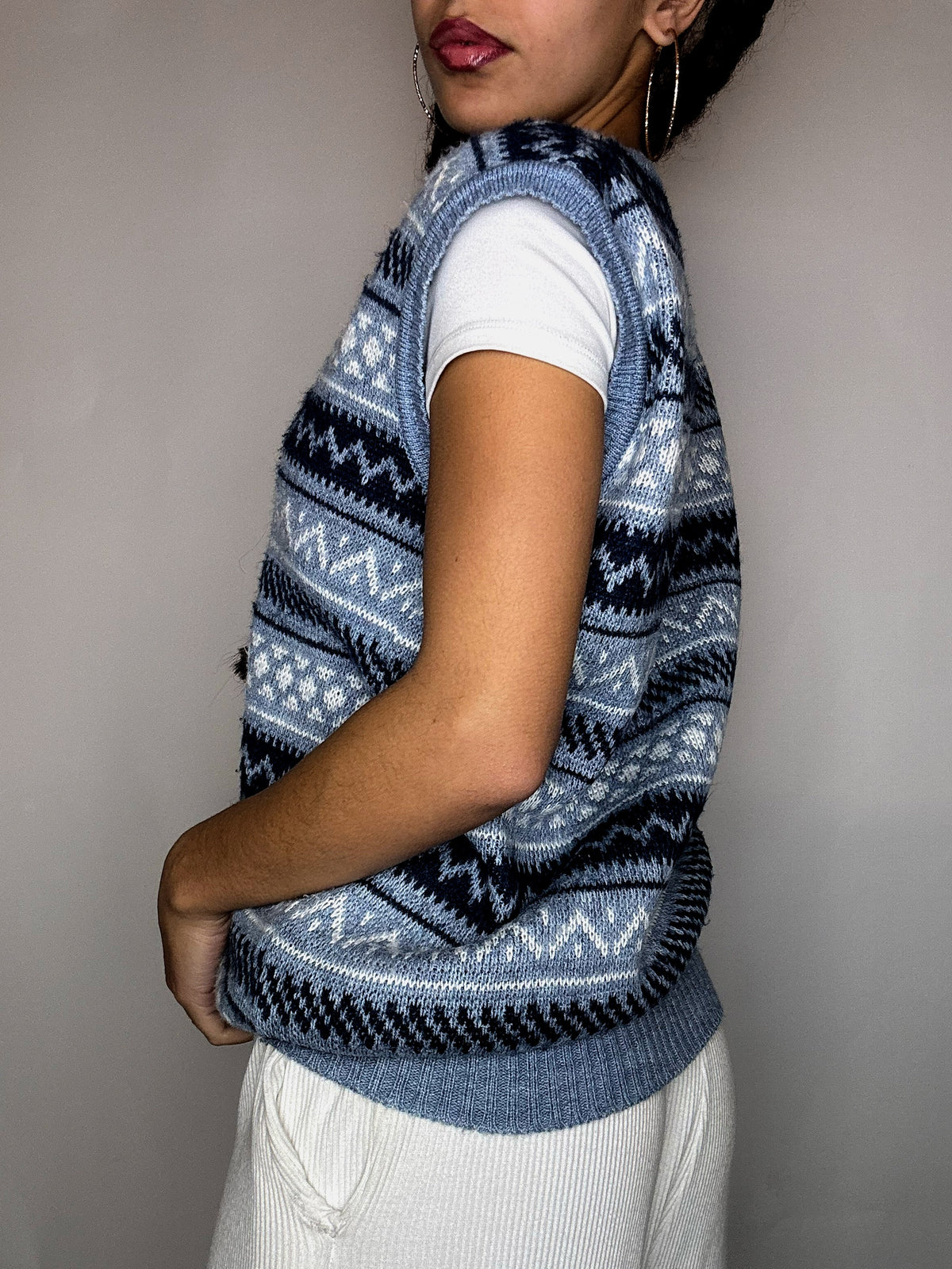 Gilet à motif bleu col V M/L vintage