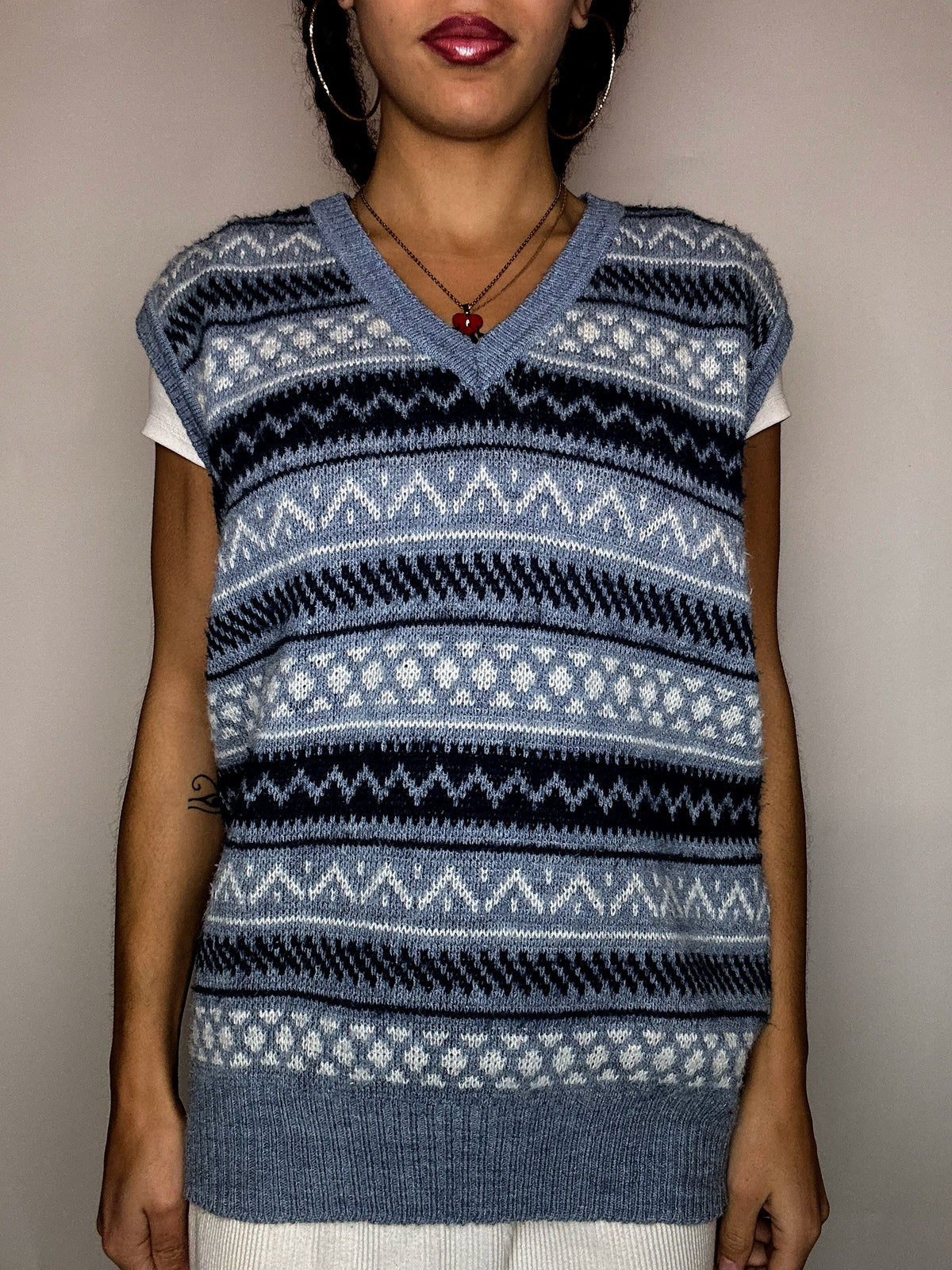 Gilet à motif bleu col V M/L vintage