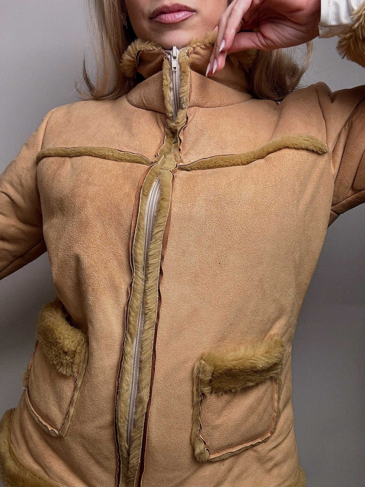 Vintage beige Kunstfell taillierte Jacke M/L