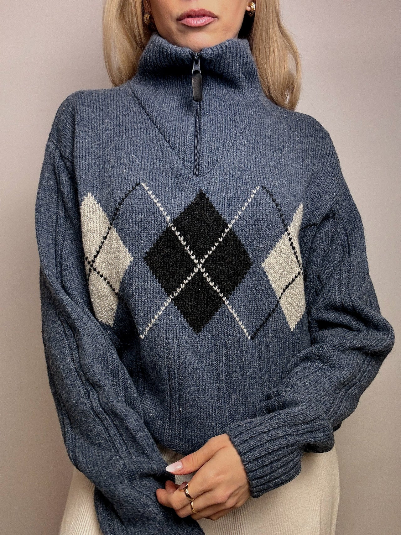 Pull en maille motif argyl marine L vintage