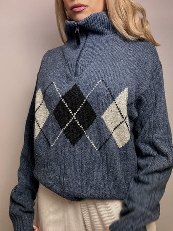 Pull en maille motif argyl marine L vintage