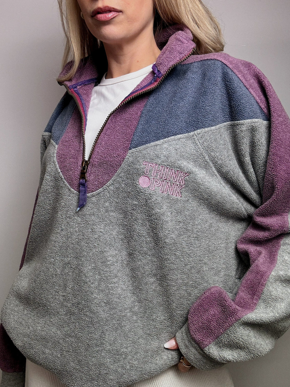 Oversized grey fleece THINK PINK L/XL Vintage