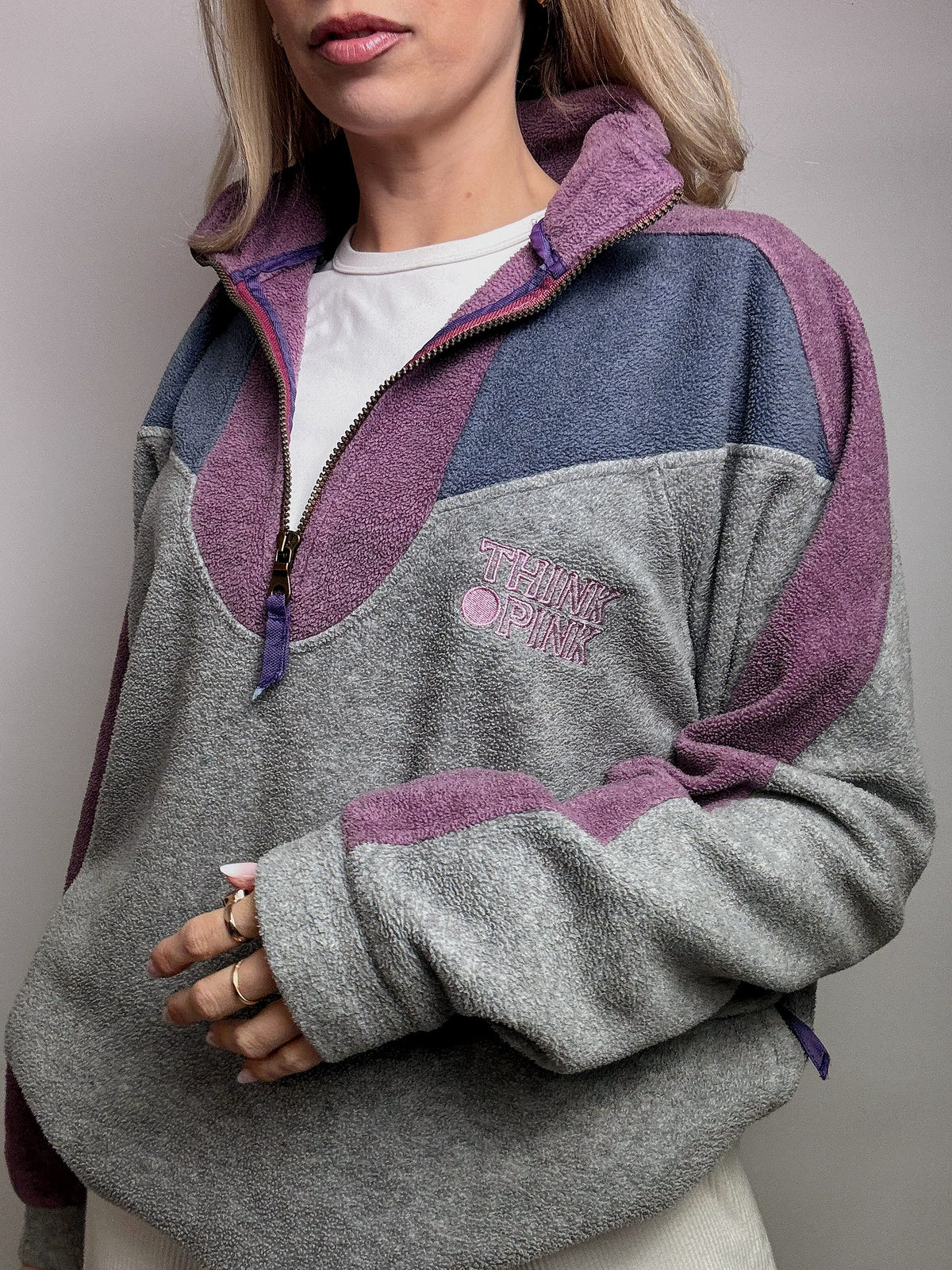 Oversized grey fleece THINK PINK L/XL Vintage