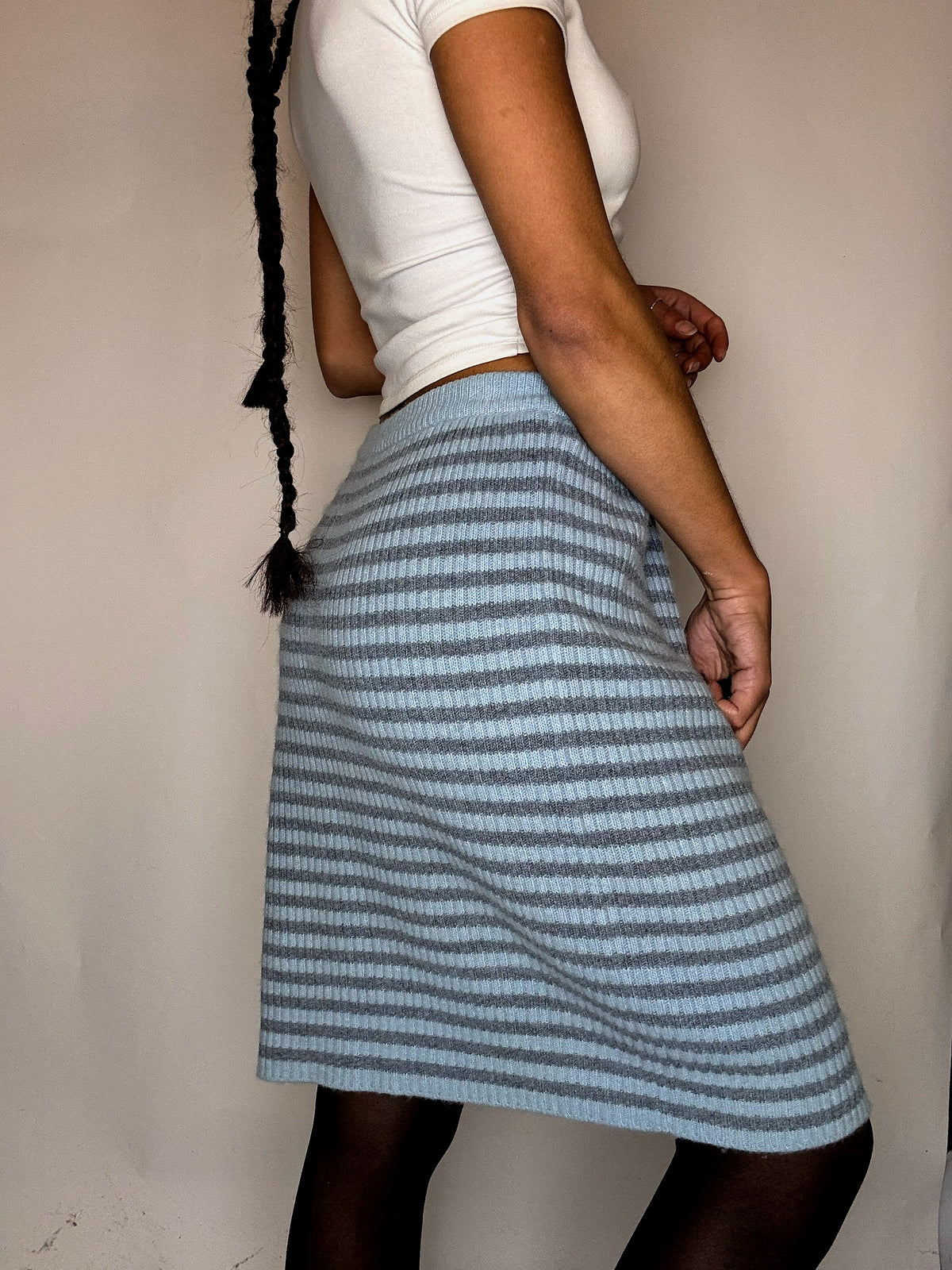 Jupe en maille rayée bleu et gris L vintage