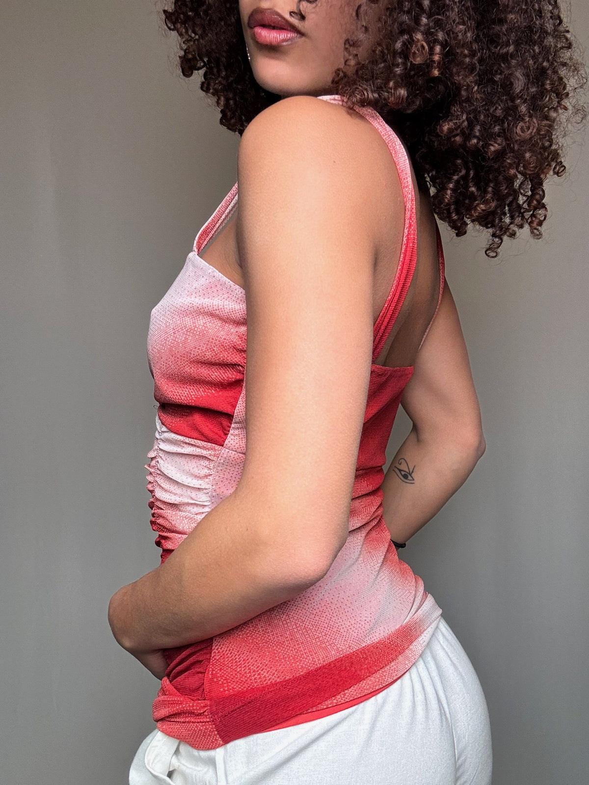 Top à fronces rouge et rose M/L vintage
