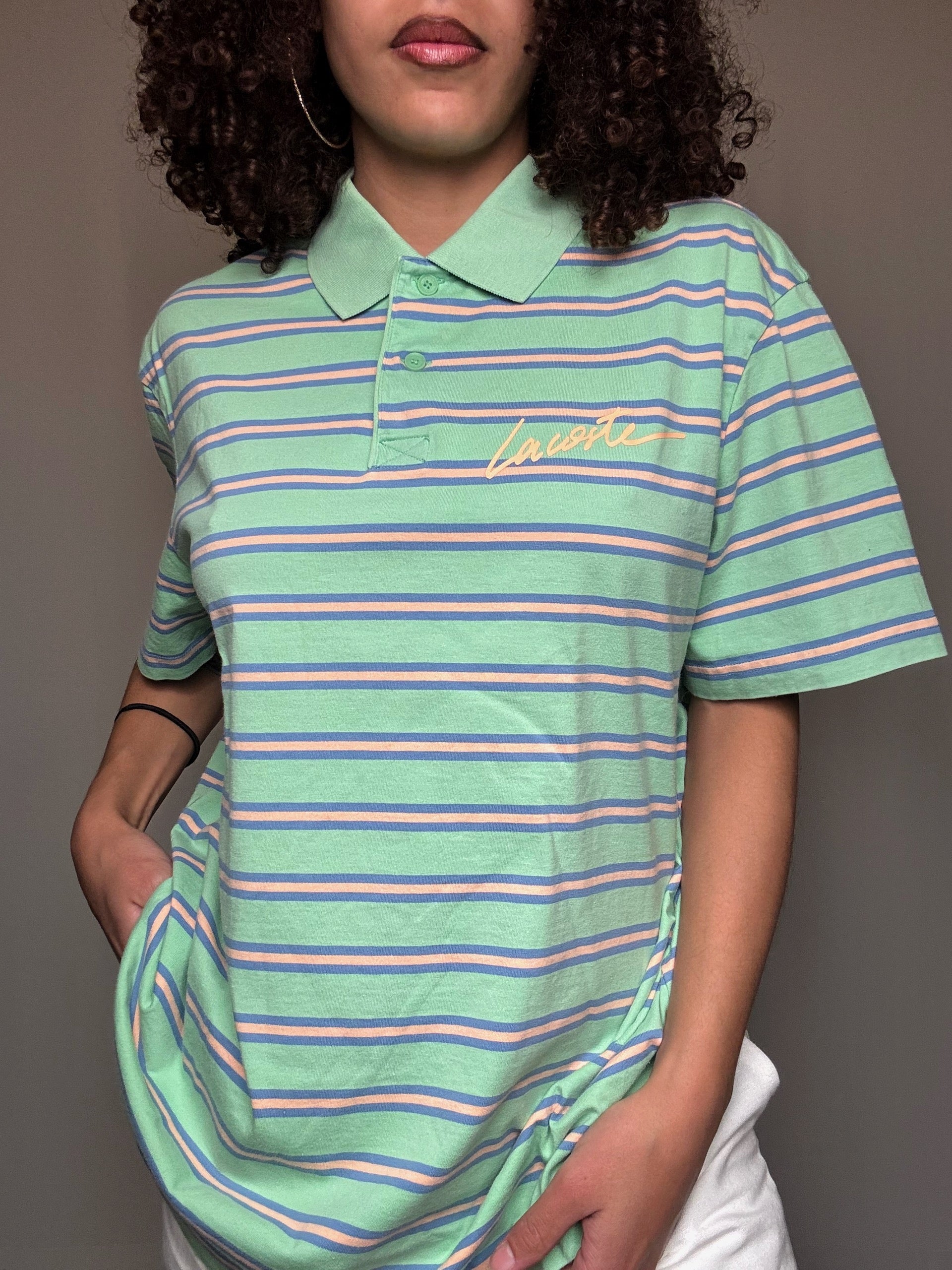 Polo vert à rayures Lacoste XXL vintage